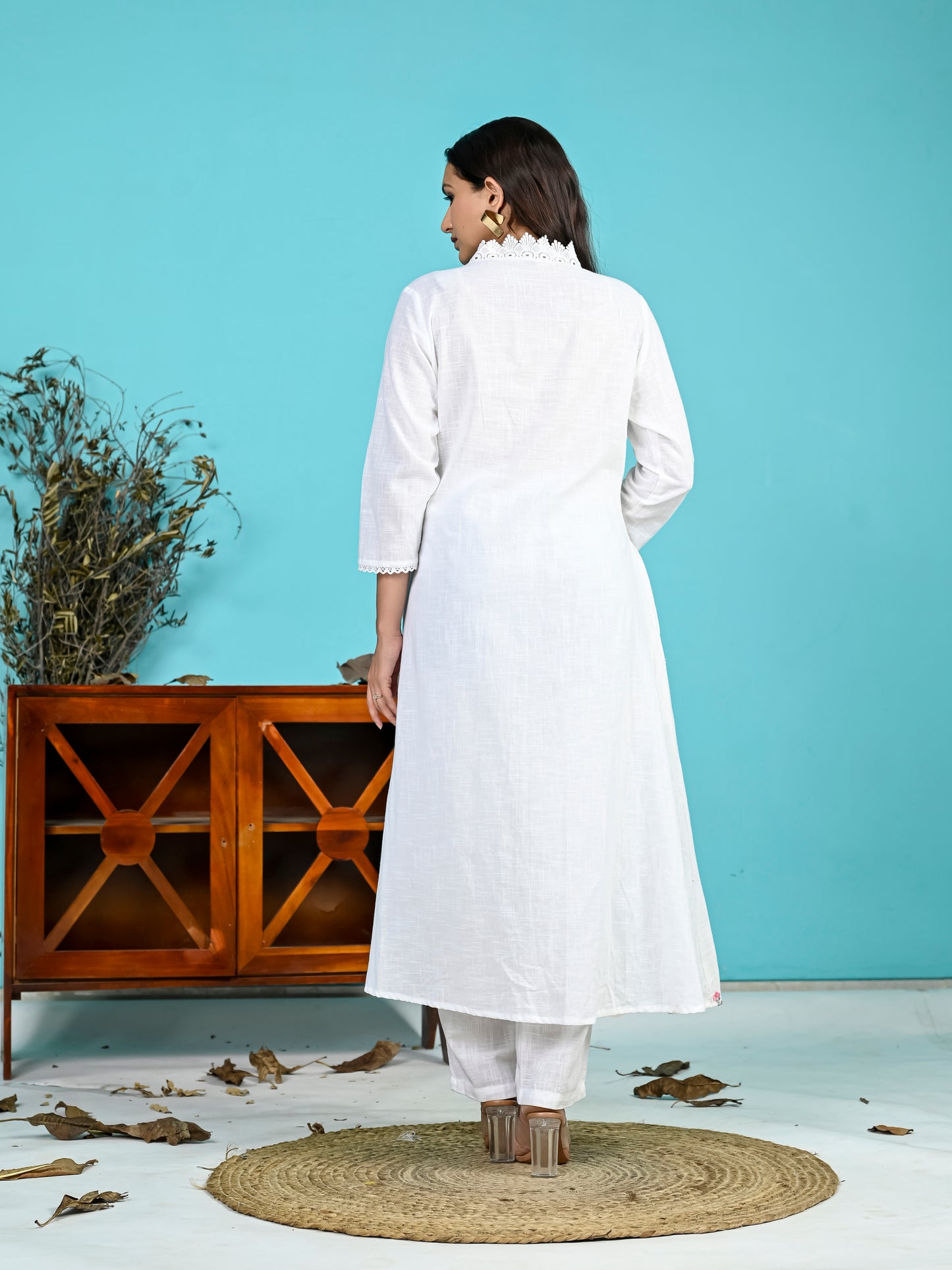 White Blue Embroidery Kurta Pant Set PC15