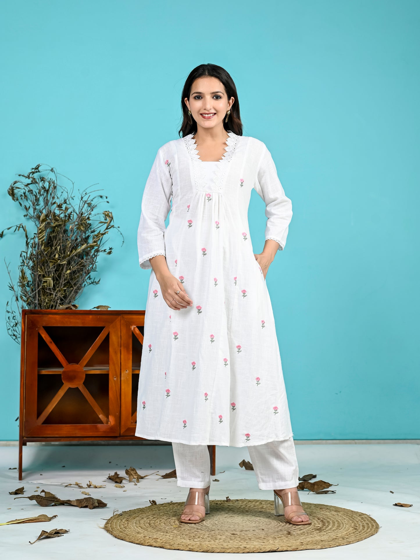 White Pink Embroidery Kurta Pant Set PC16