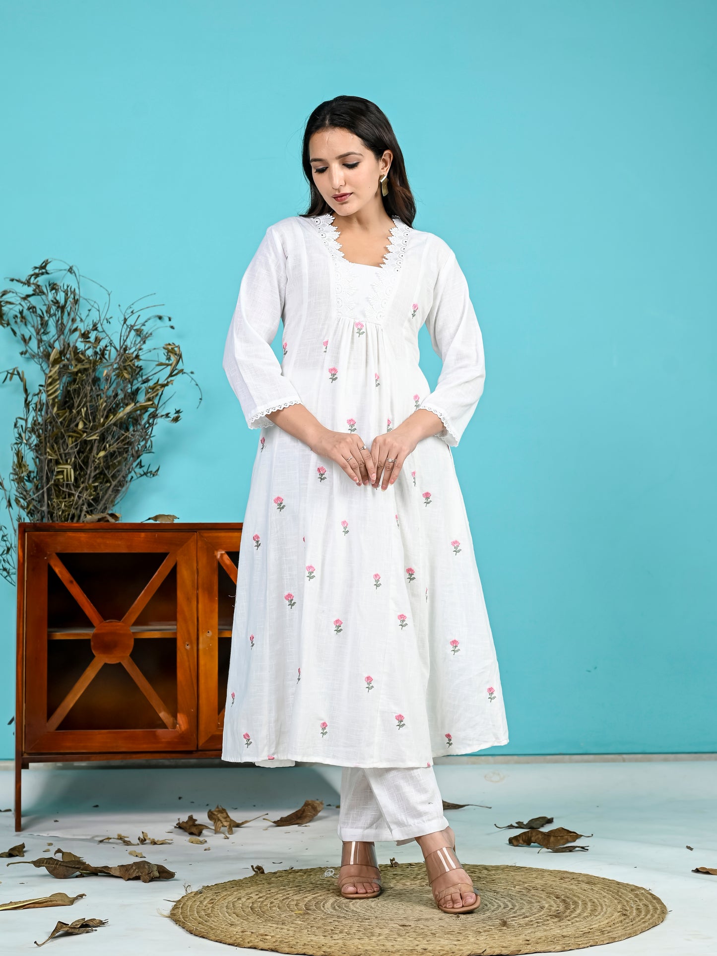 White Pink Embroidery Kurta Pant Set PC16