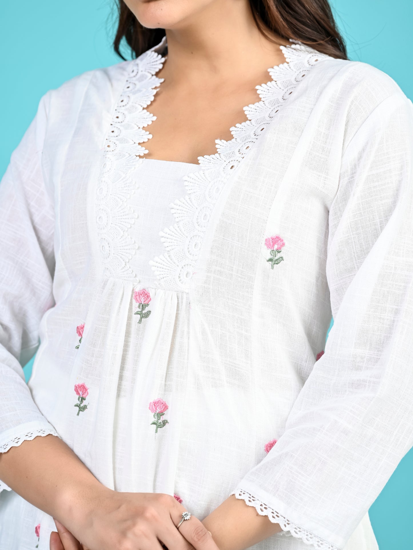 White Pink Embroidery Kurta Pant Set PC16