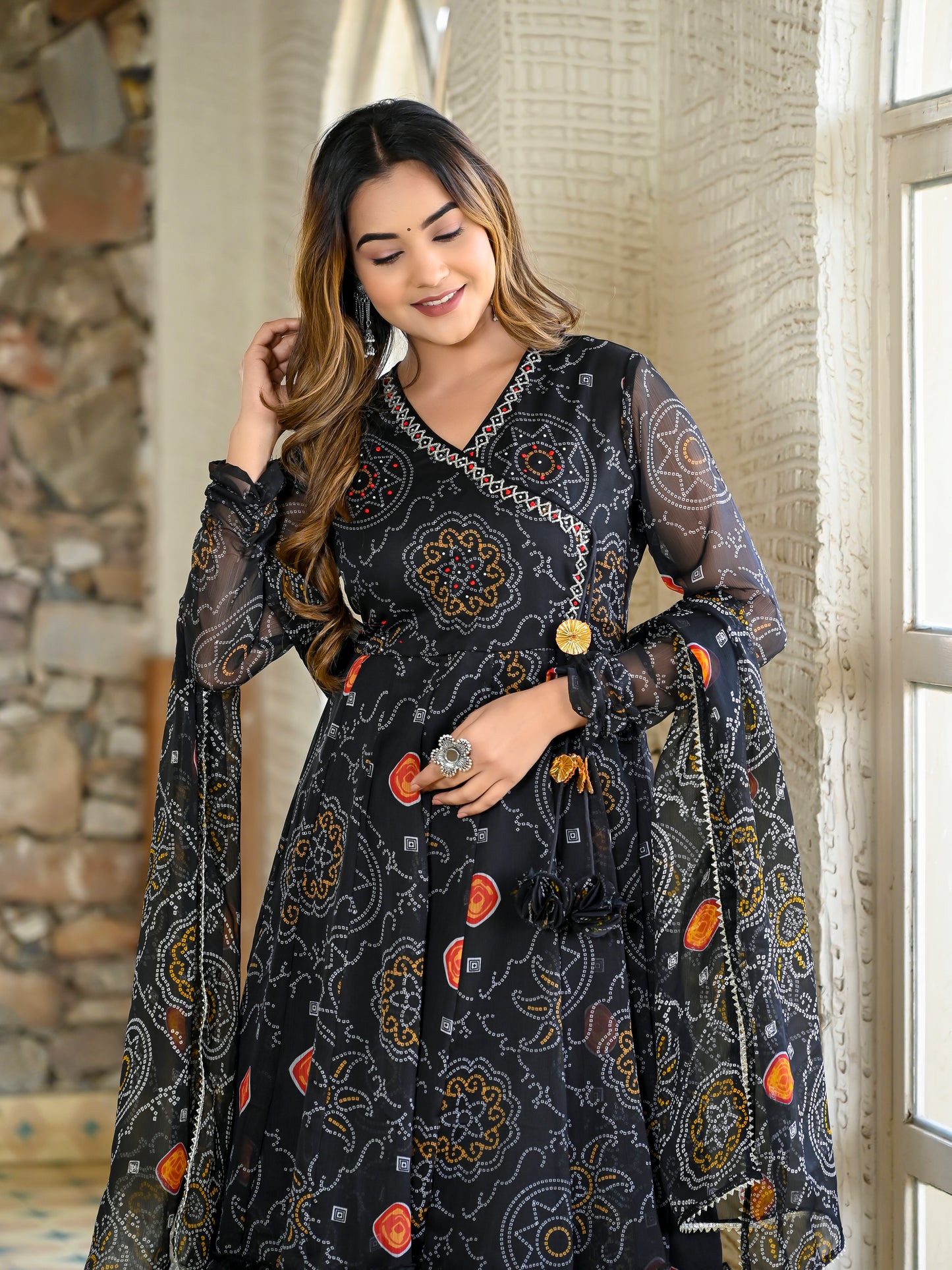 Black bandhani angrakha suit PC13