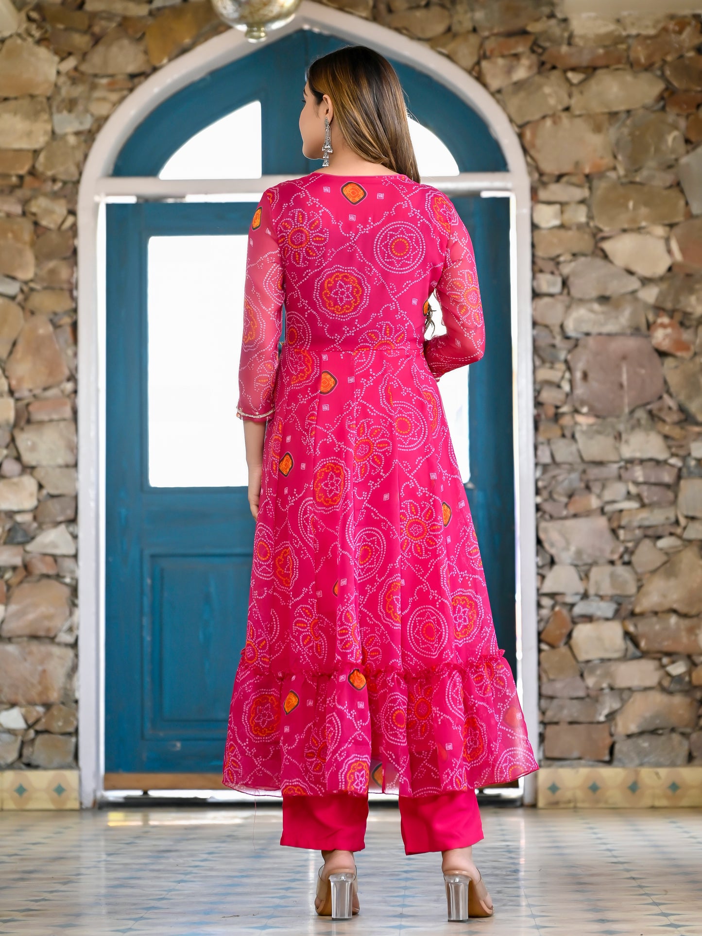 Pink Bandhani Angrakha Anarkali Suit Set PC14