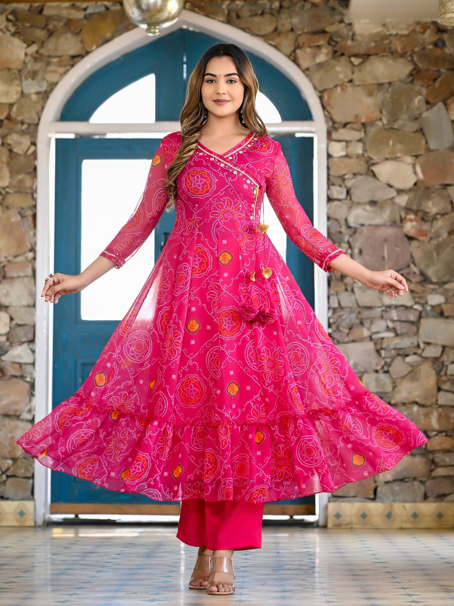 Pink Bandhani Angrakha Anarkali Suit Set PC14