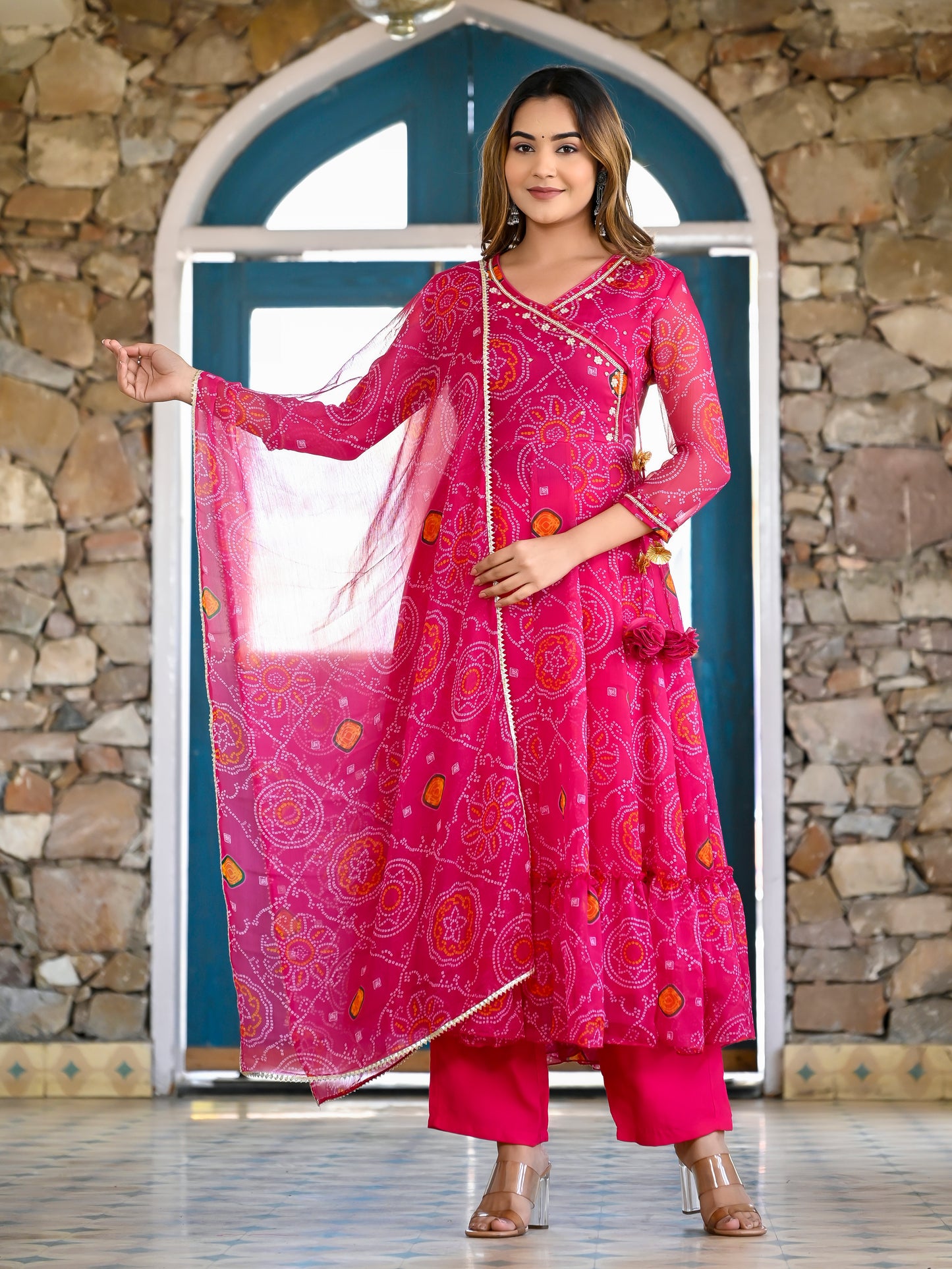 Pink Bandhani Angrakha Anarkali Suit Set PC14