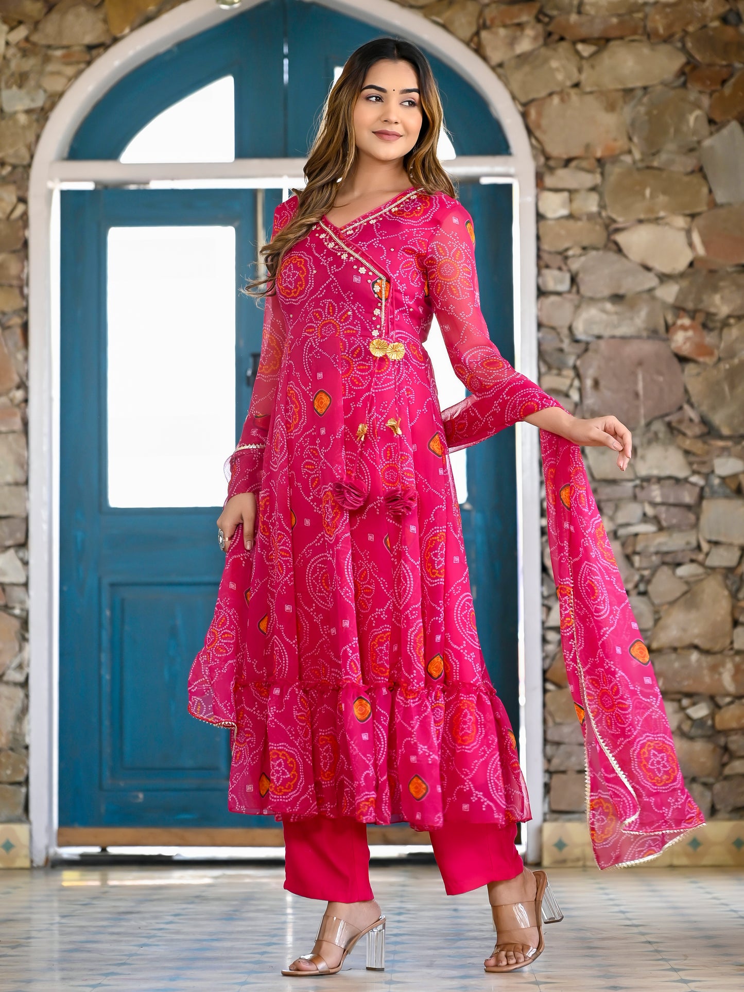 Pink Bandhani Angrakha Anarkali Suit Set PC14