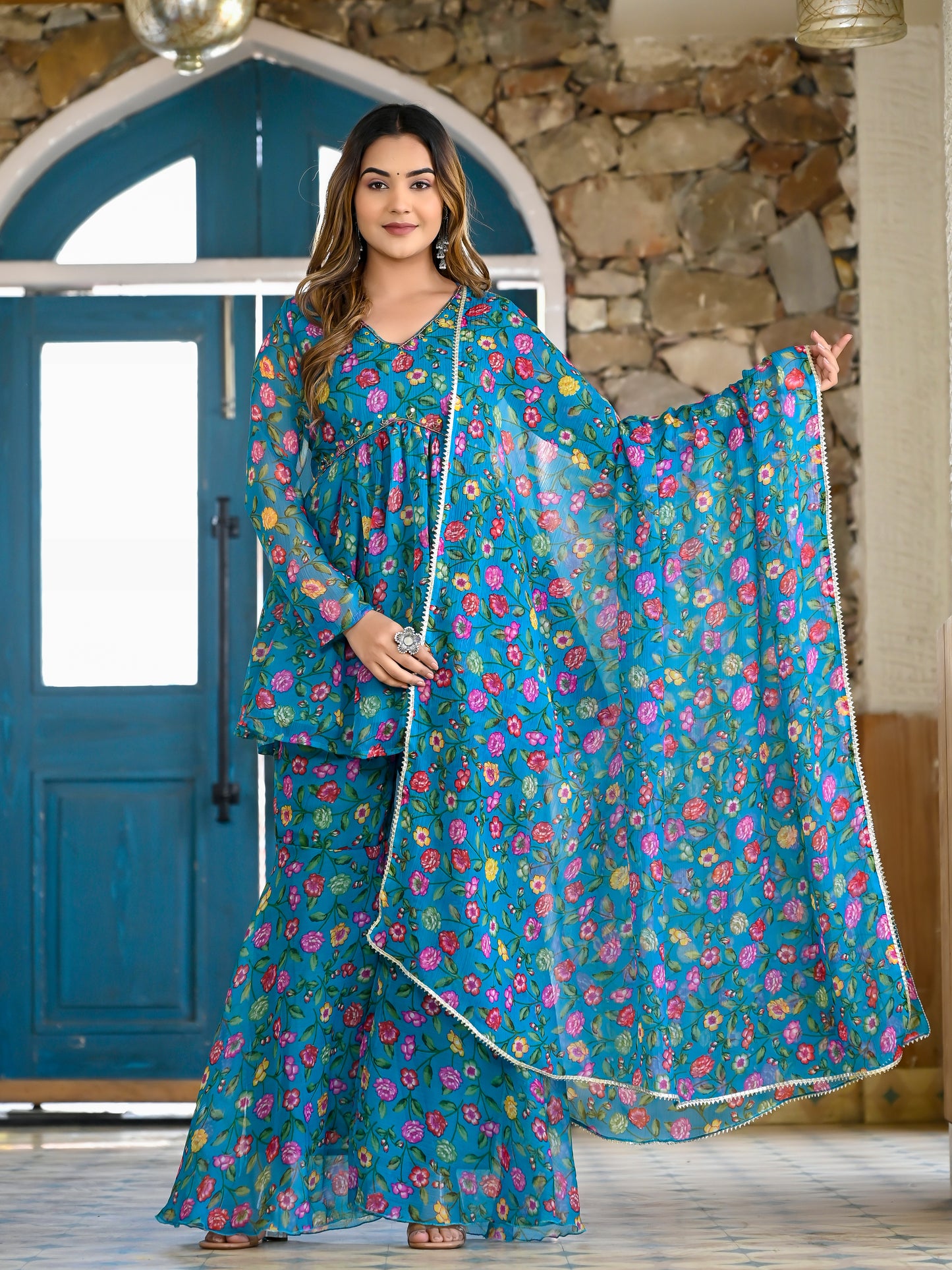 Teal floral sharara set PC10