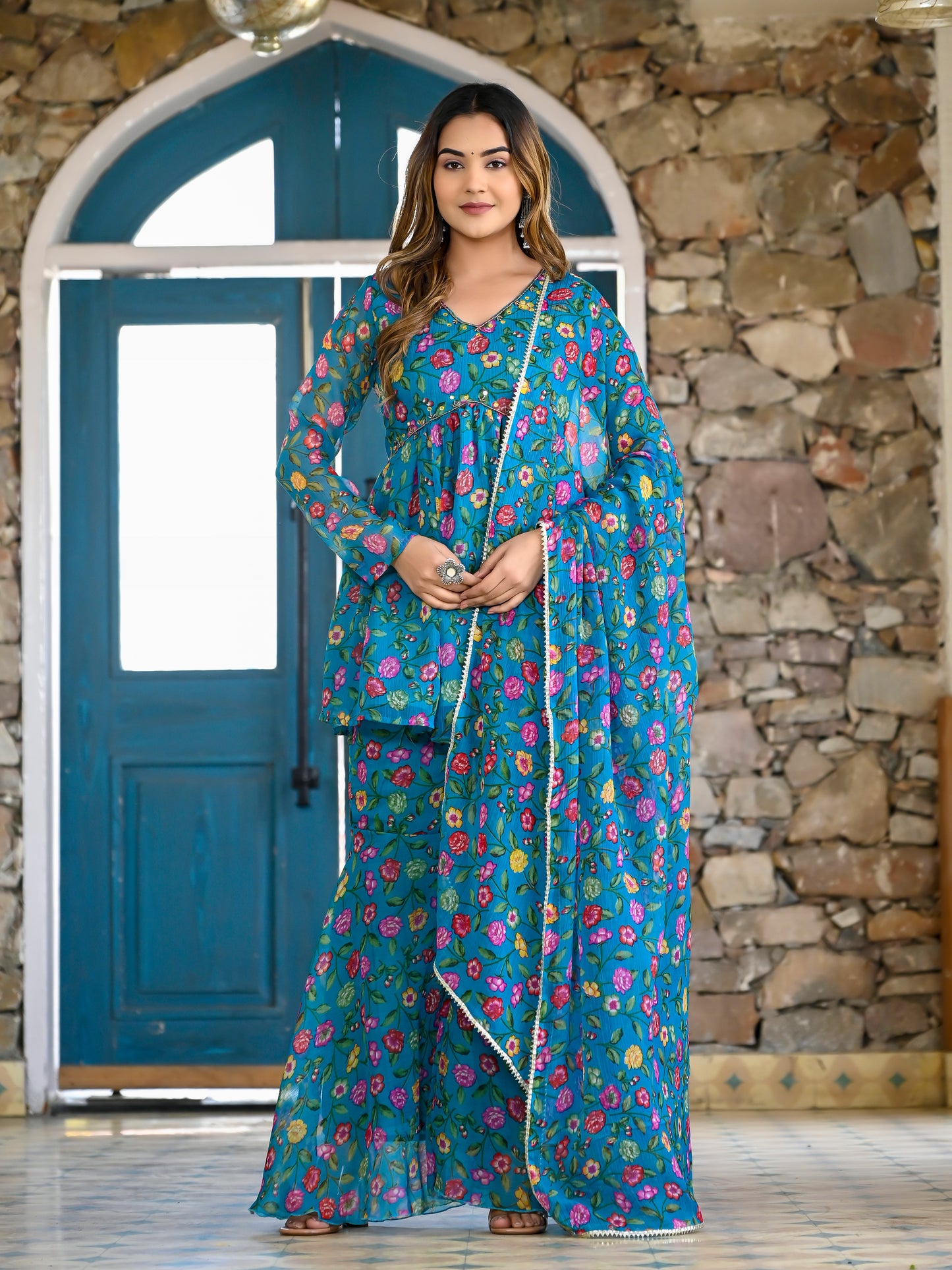 Teal floral sharara set PC10