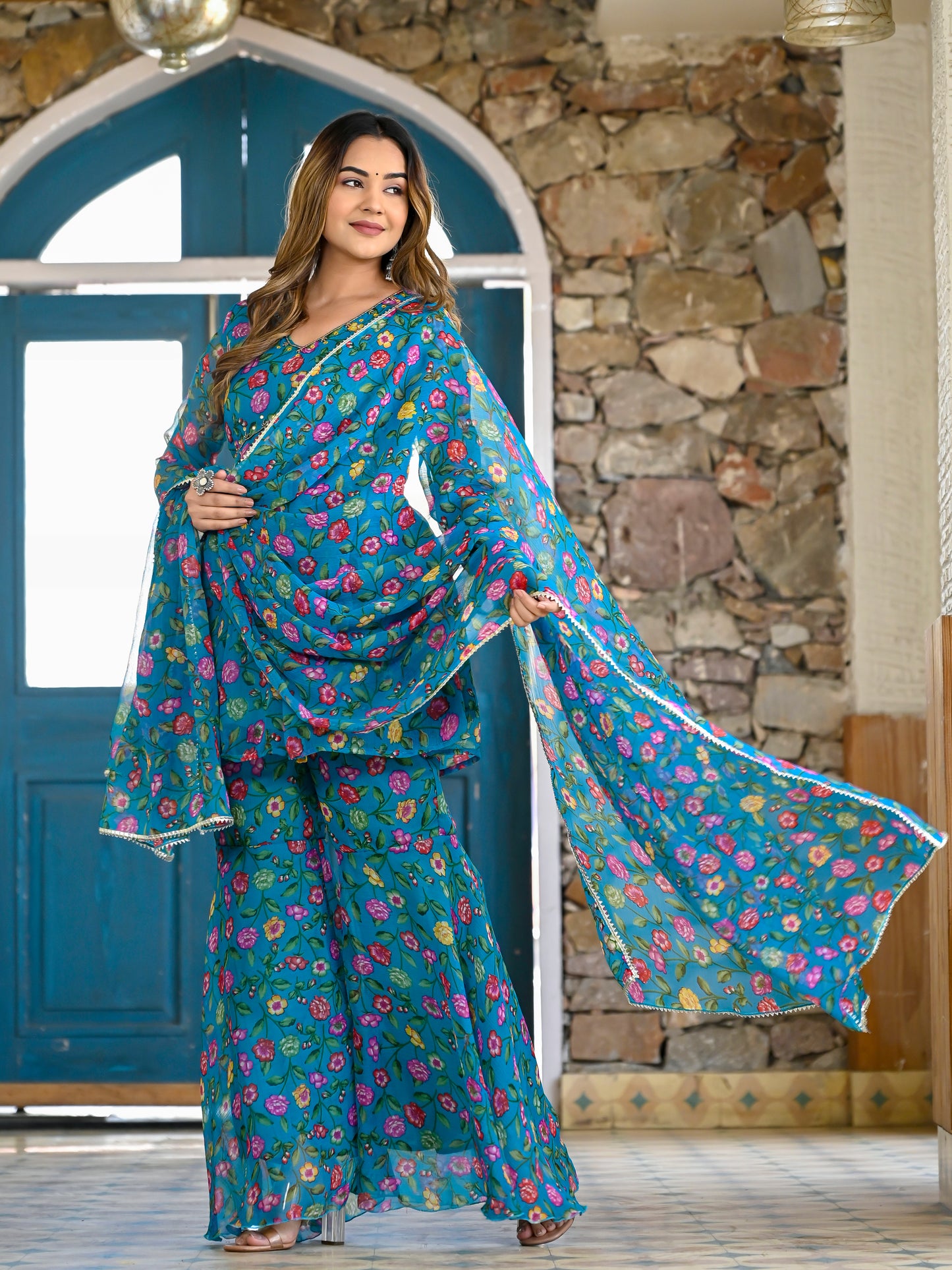 Teal floral sharara set PC10