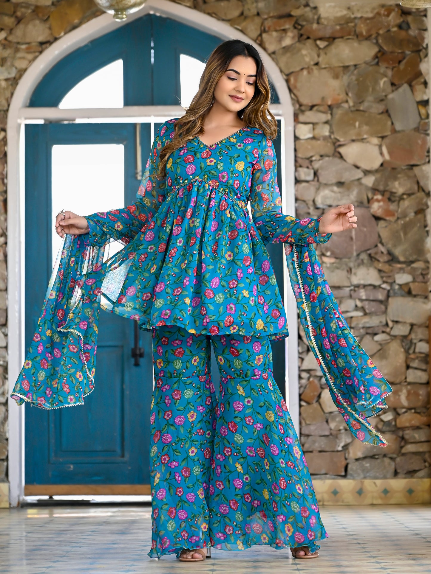 Teal floral sharara set PC10