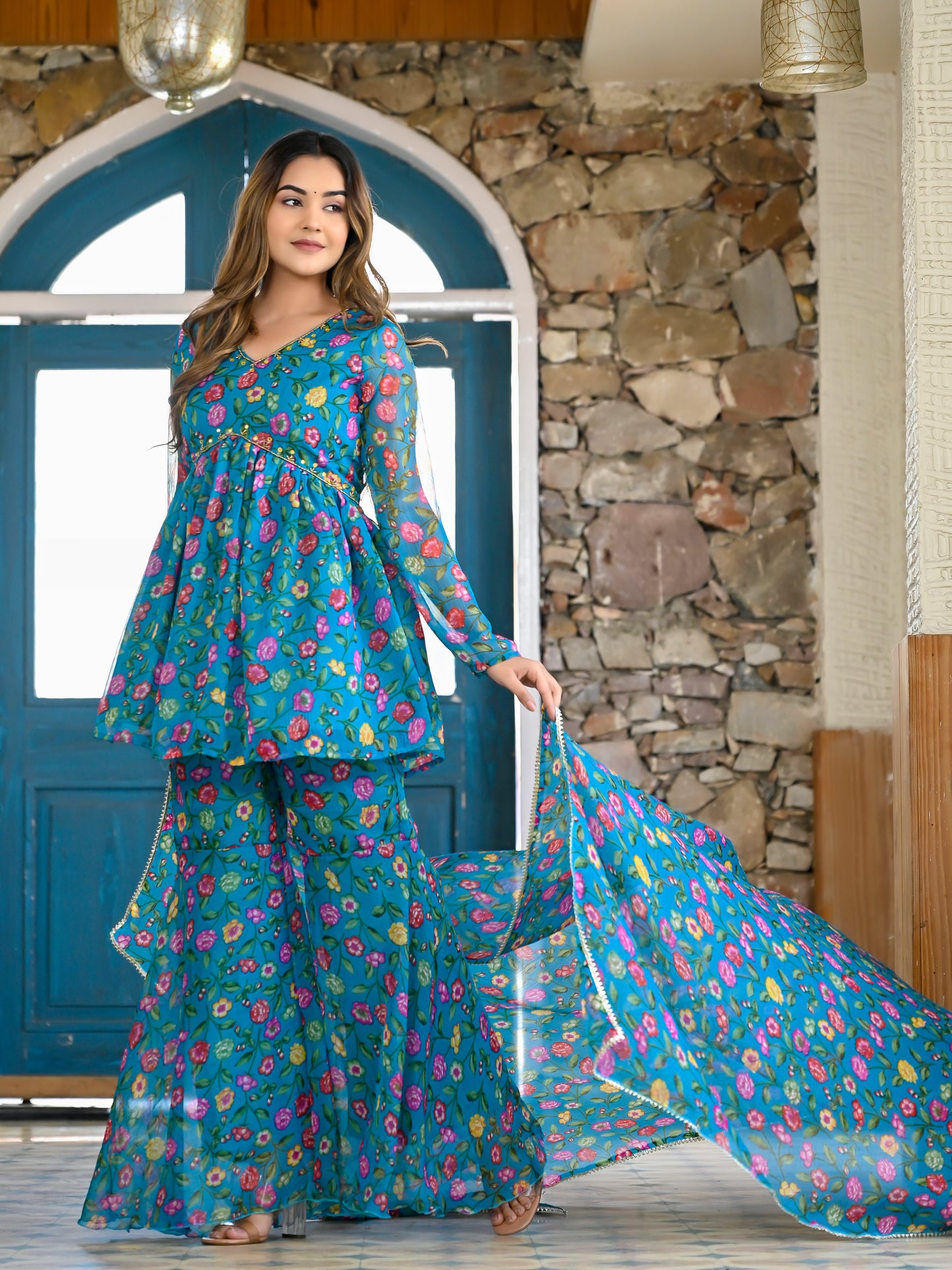 Teal floral sharara set PC10