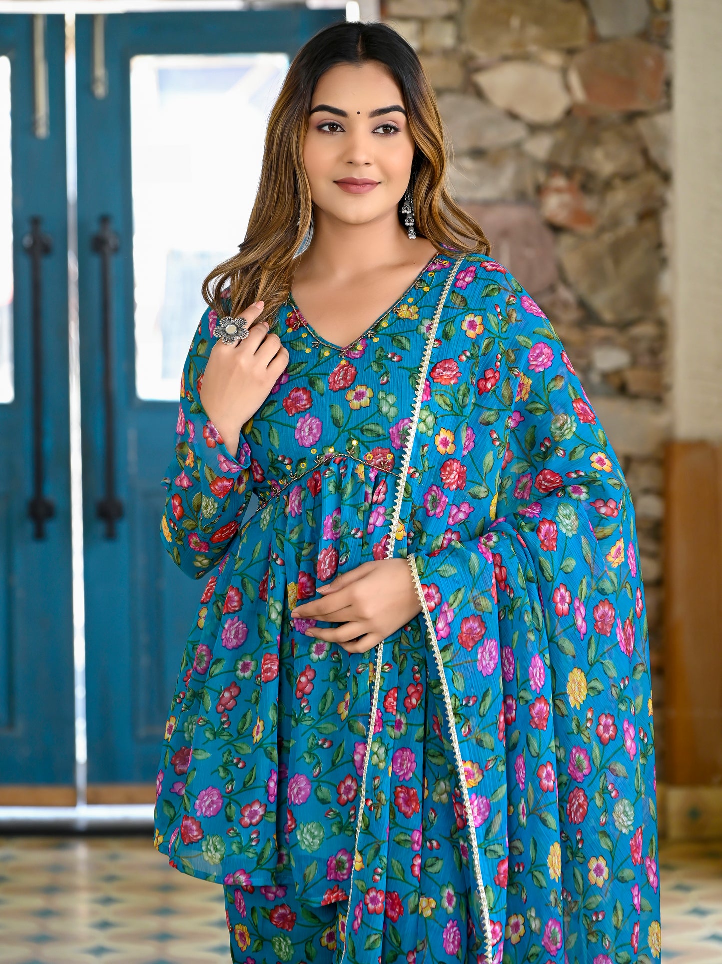 Teal floral sharara set PC10