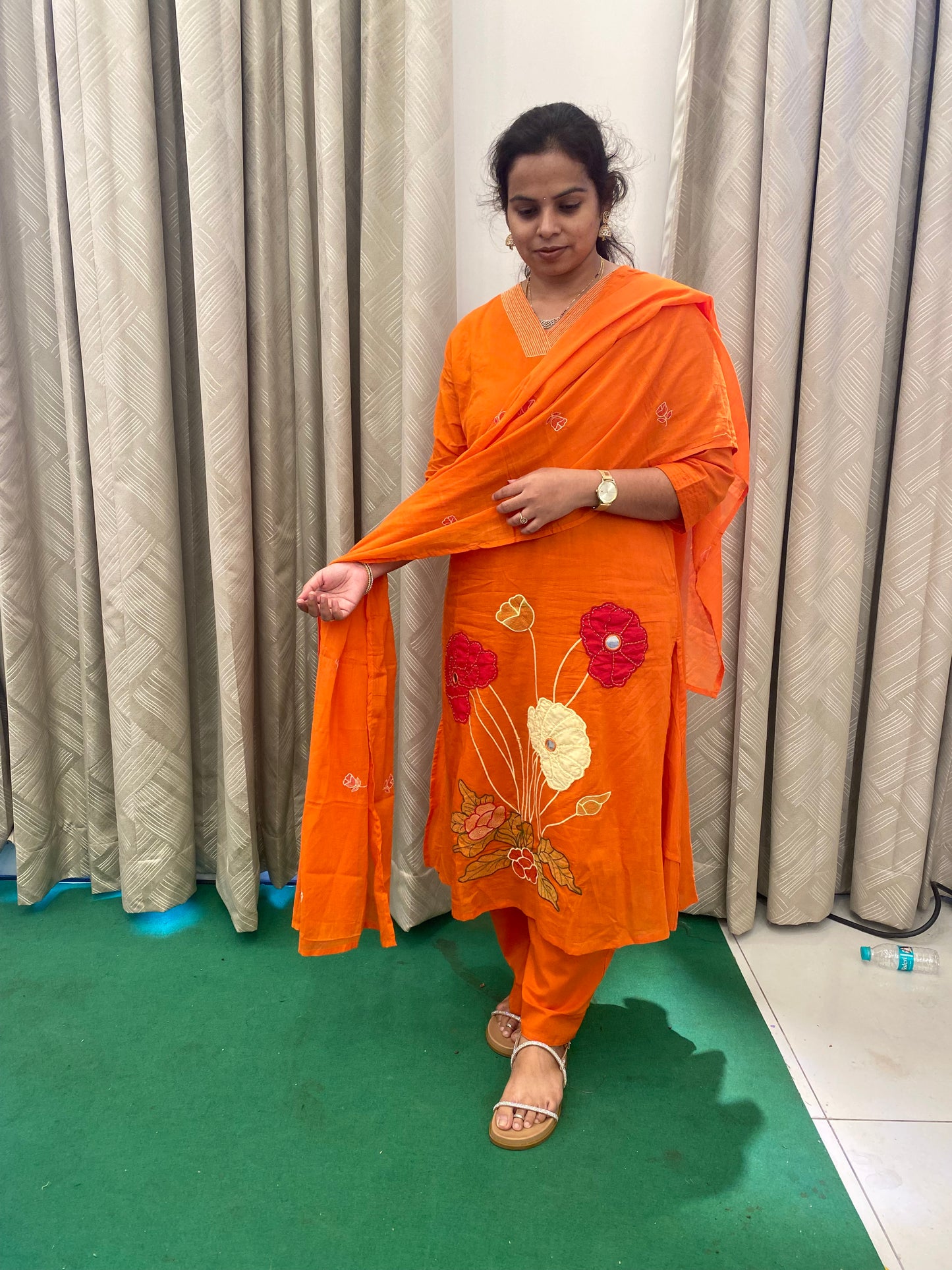 Sunset Bloom Appliqué Cotton Suit Set