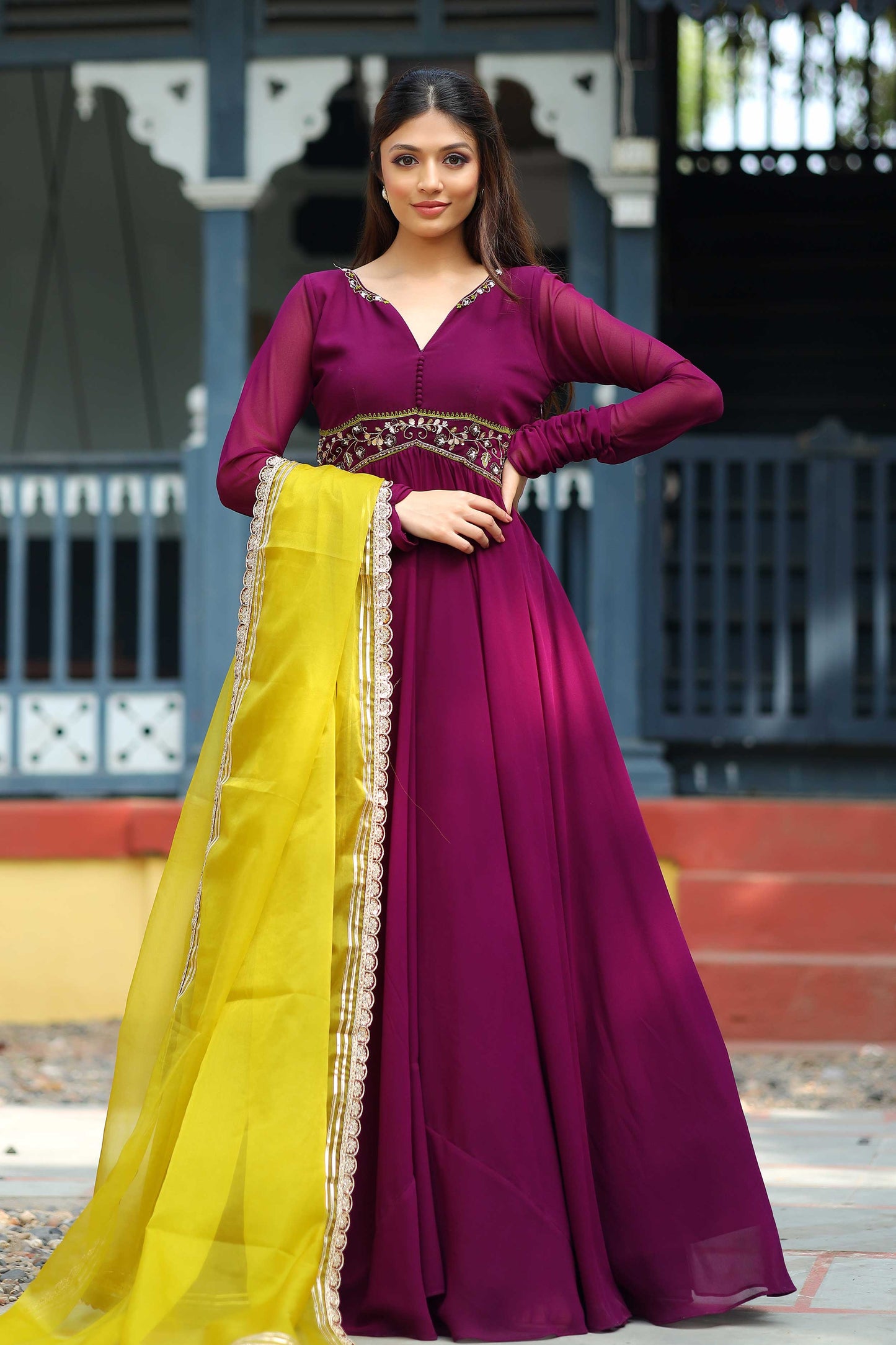 Embellishment Wine Anarkali Set PC743