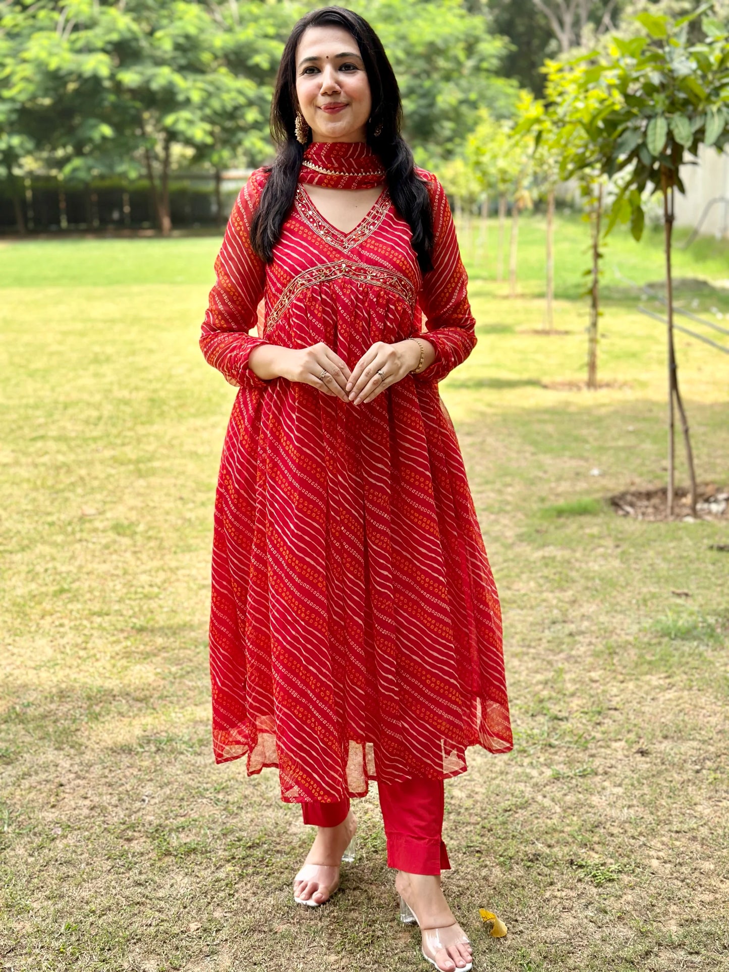 Red lehriya chiffon Alia cut PC6