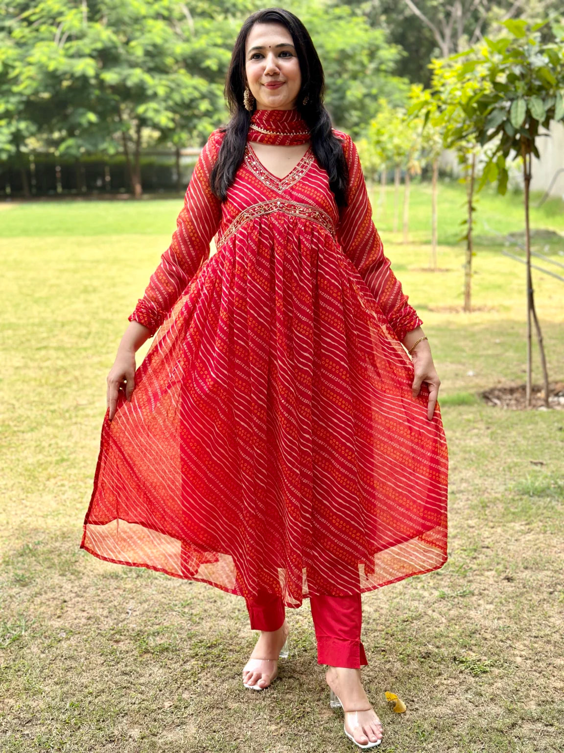 Red lehriya chiffon Alia cut PC6