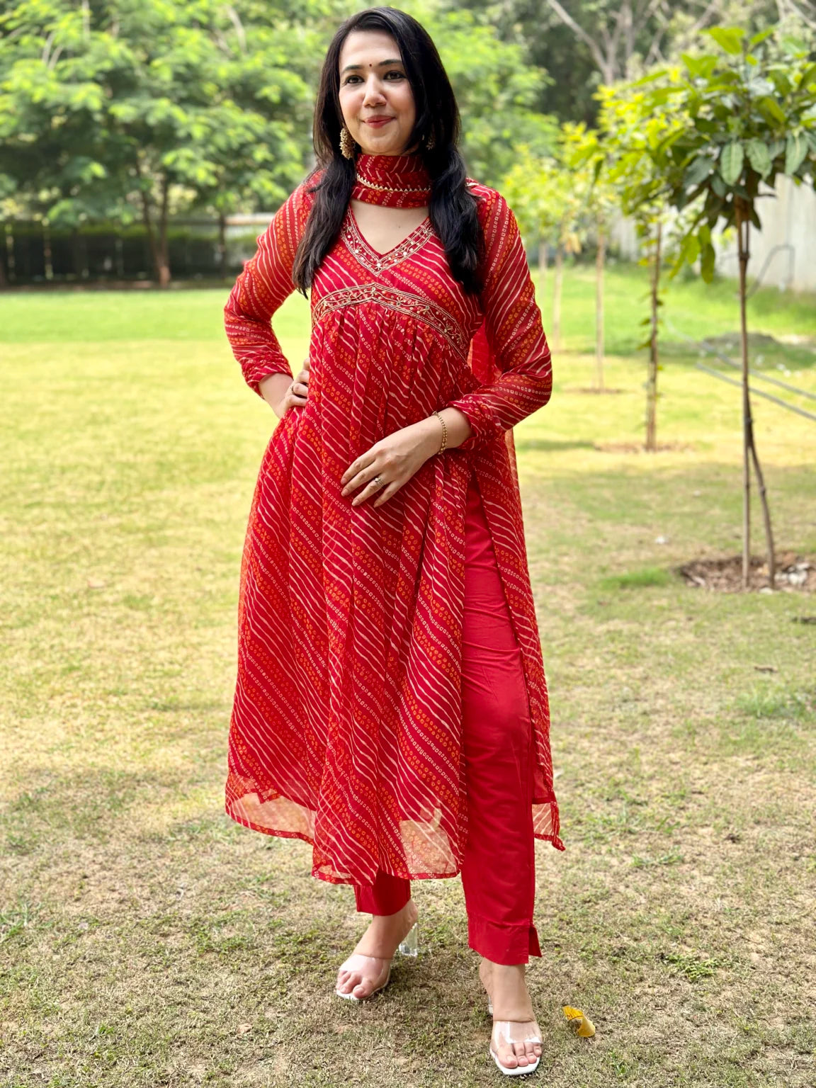 Red lehriya chiffon Alia cut PC6