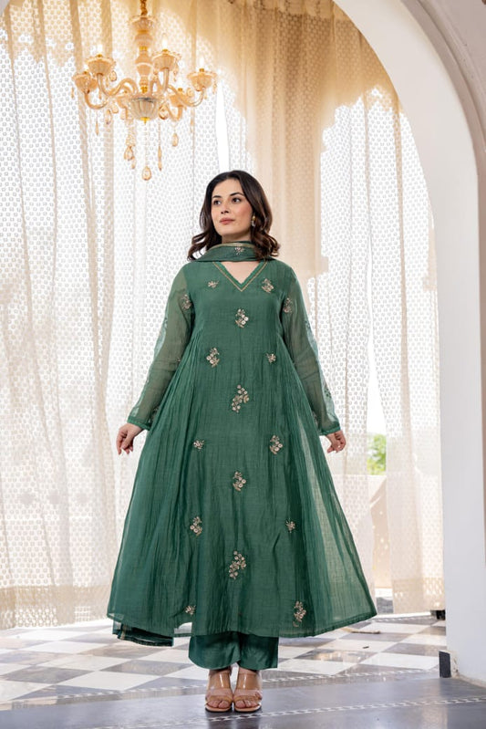 Emerald green chanderi suit