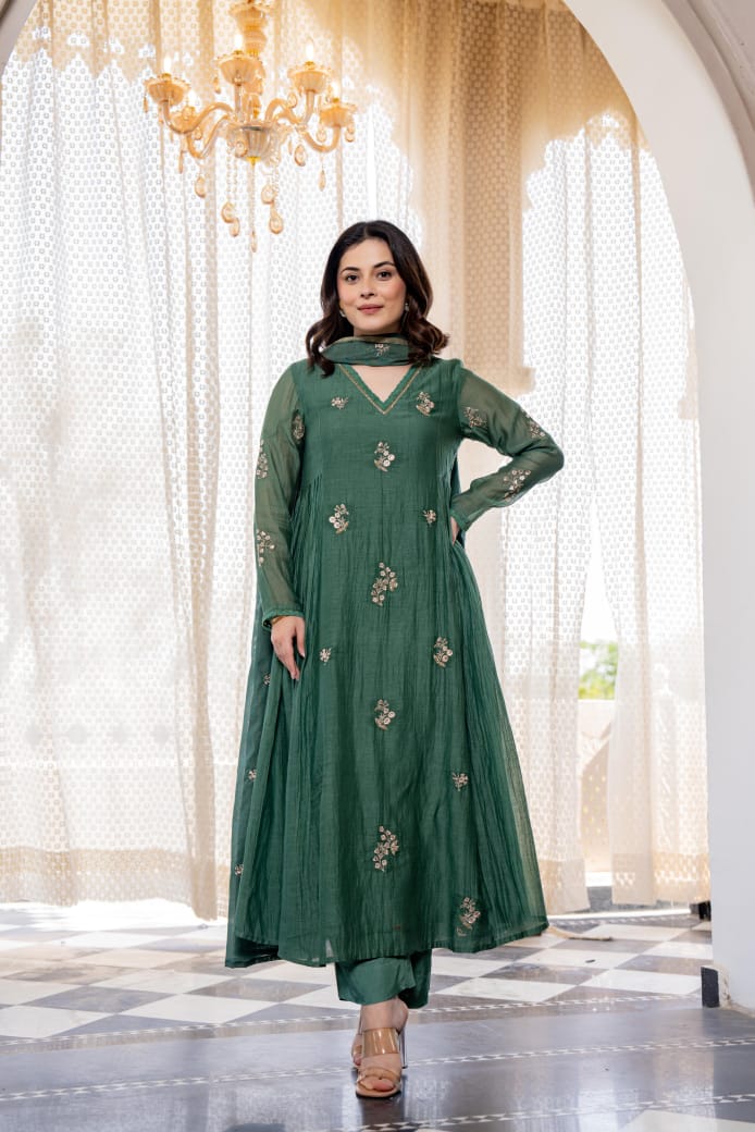 Emerald green chanderi suit