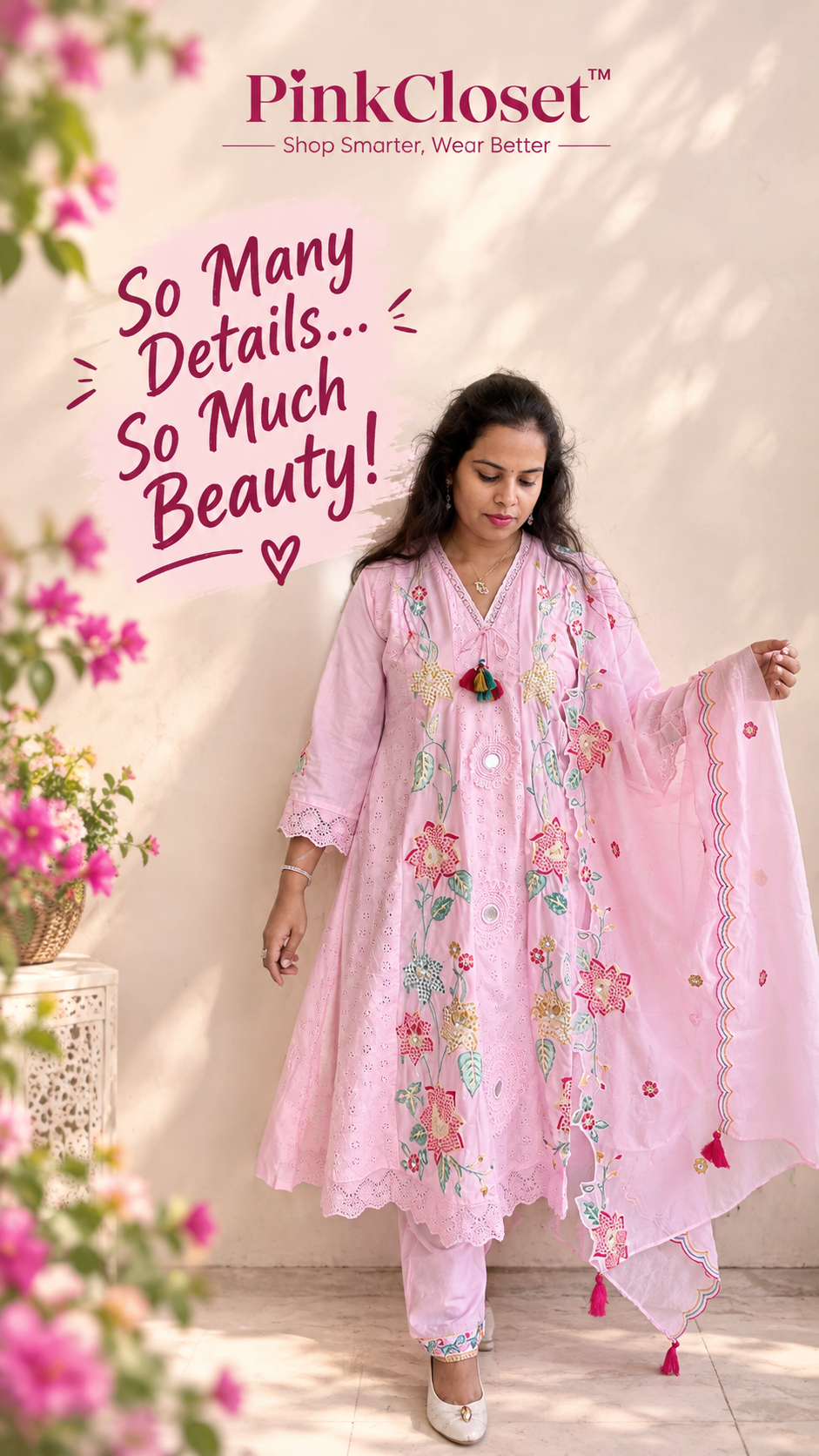 Pink Premium Cotton Embroidered Kurta Set with Cutwork Dupatta