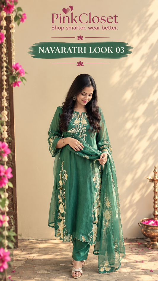 Emerald Green Mul Chanderi Appliqué Work Suit Set | Navaratri Look 03