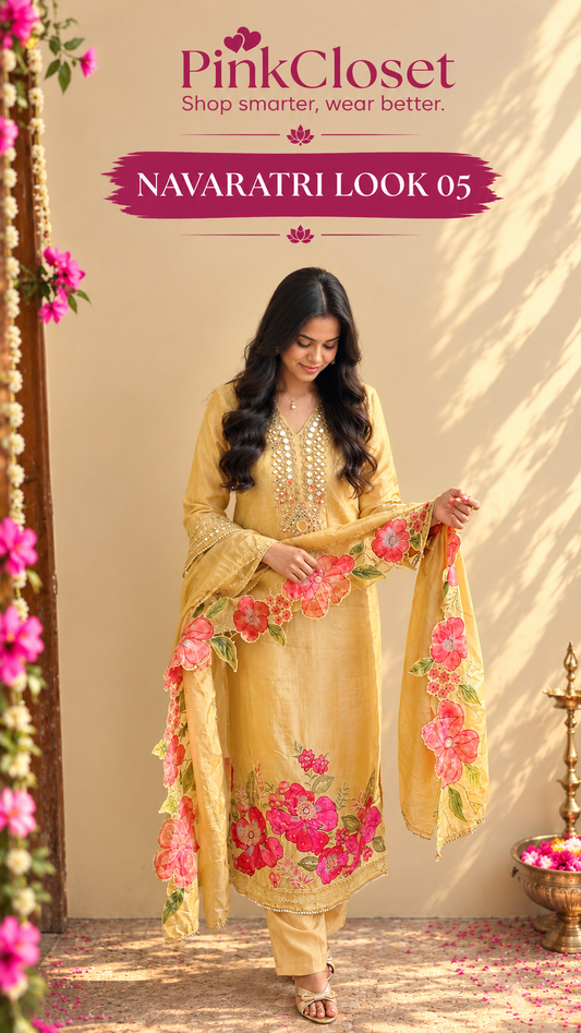 Golden Shimmer Tissue Mirror Work Suit Set with Hand-Painted Floral Dupatta | Navaratri Look 05