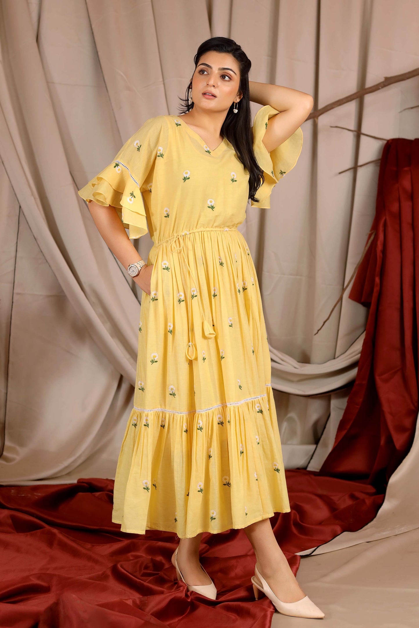 Lemony Summer Midi Dress in Vanilla Yellow PC825