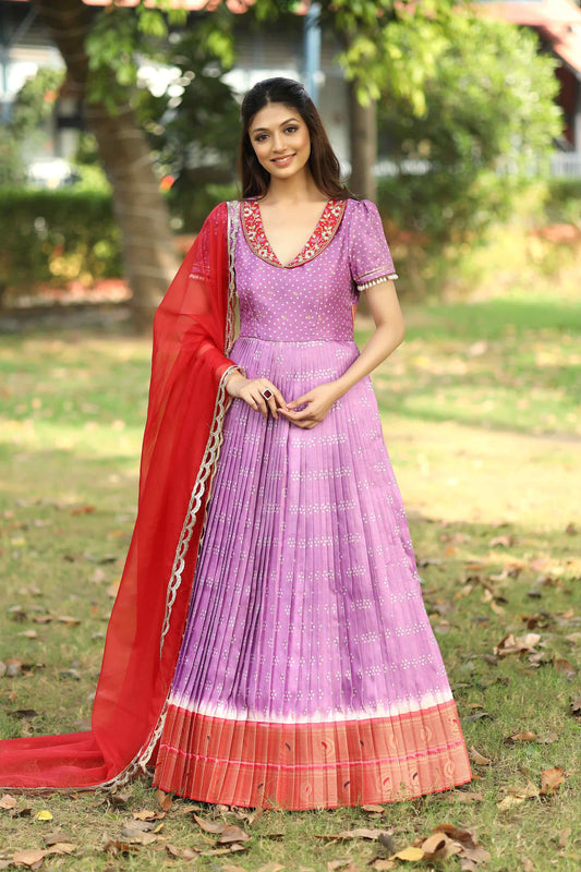 Meraki Lavender Bandhani Silk Pattu Dress PC748