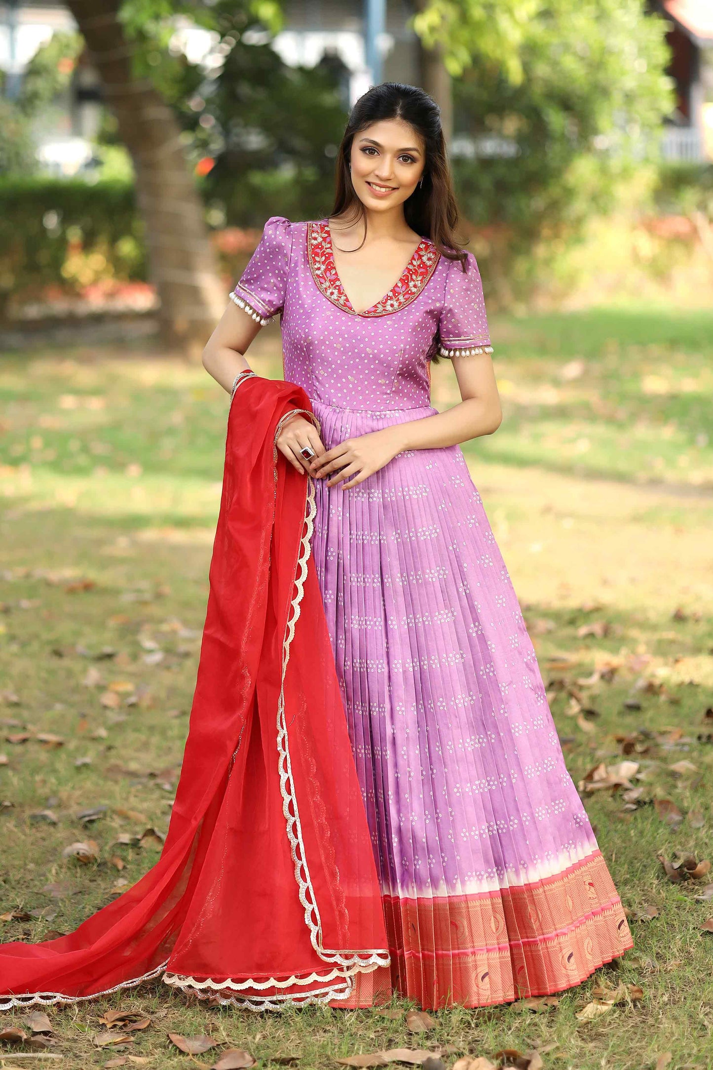 Meraki Lavender Bandhani Silk Pattu Dress PC748