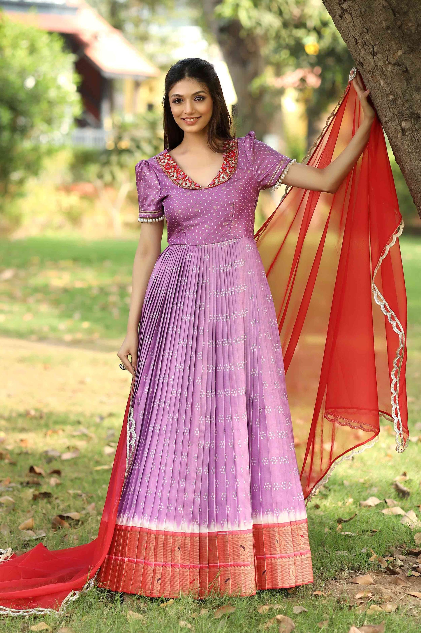 Meraki Lavender Bandhani Silk Pattu Dress PC748