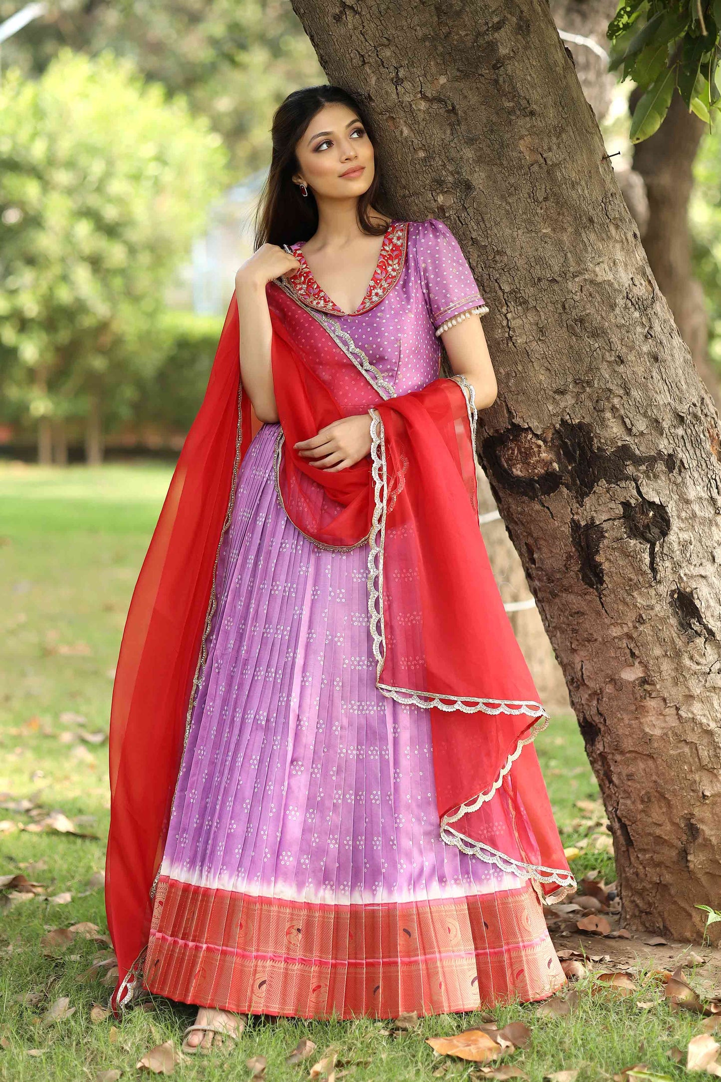 Meraki Lavender Bandhani Silk Pattu Dress PC748