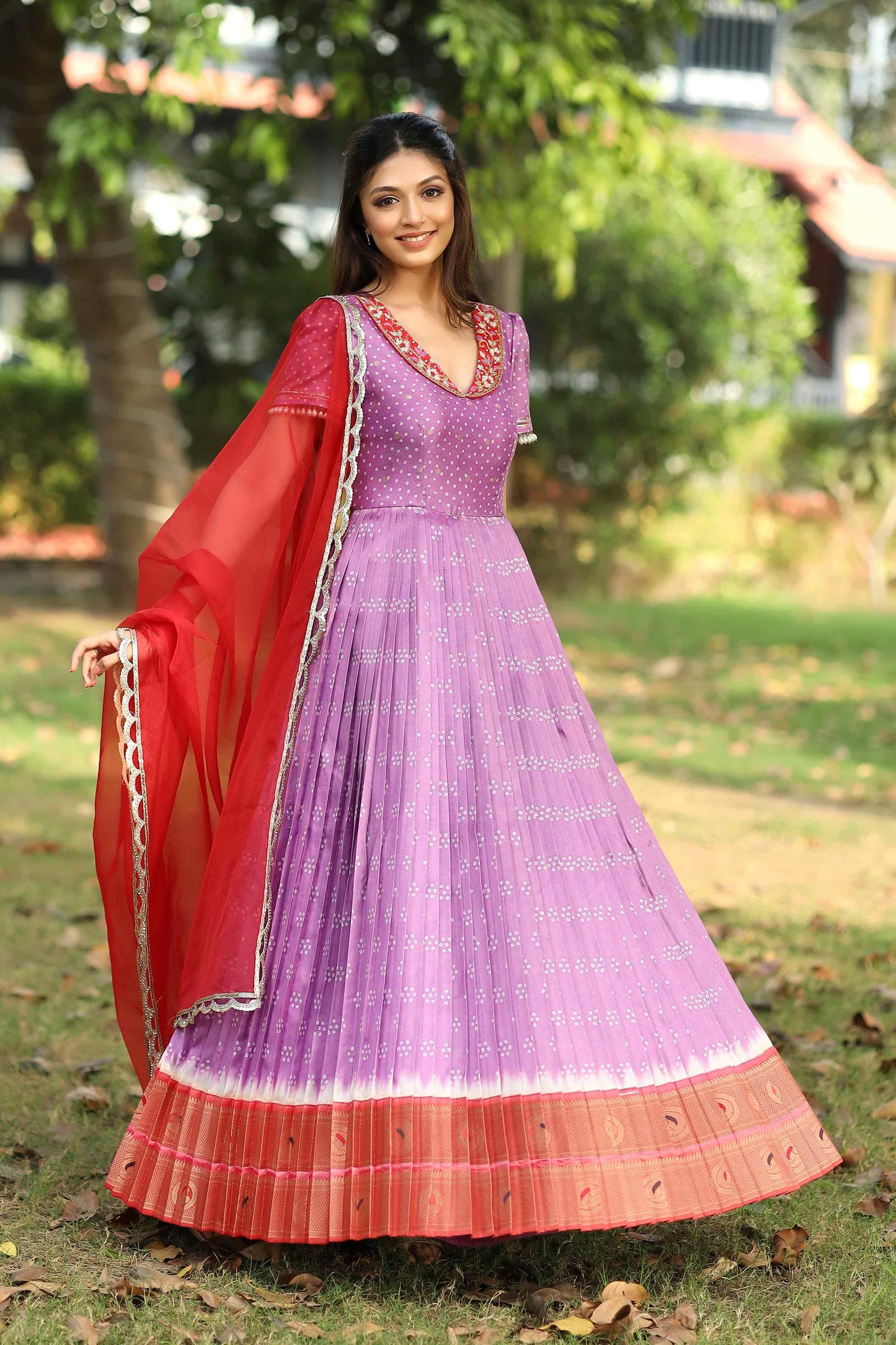 Meraki Lavender Bandhani Silk Pattu Dress PC748