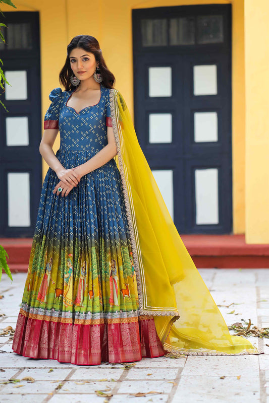 Navy Bandhej Anarkali Dress PC732N