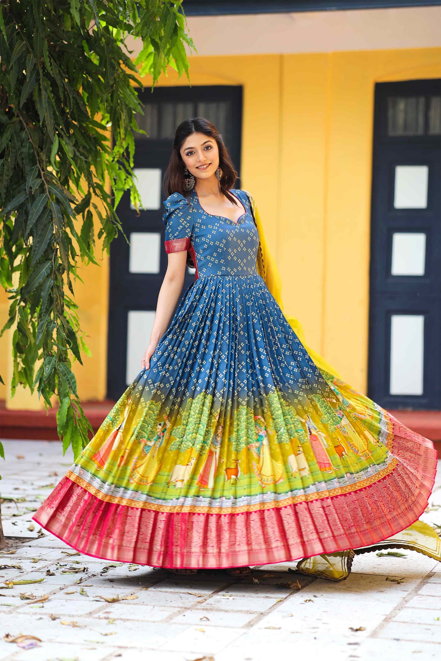 Navy Bandhej Anarkali Dress PC732N