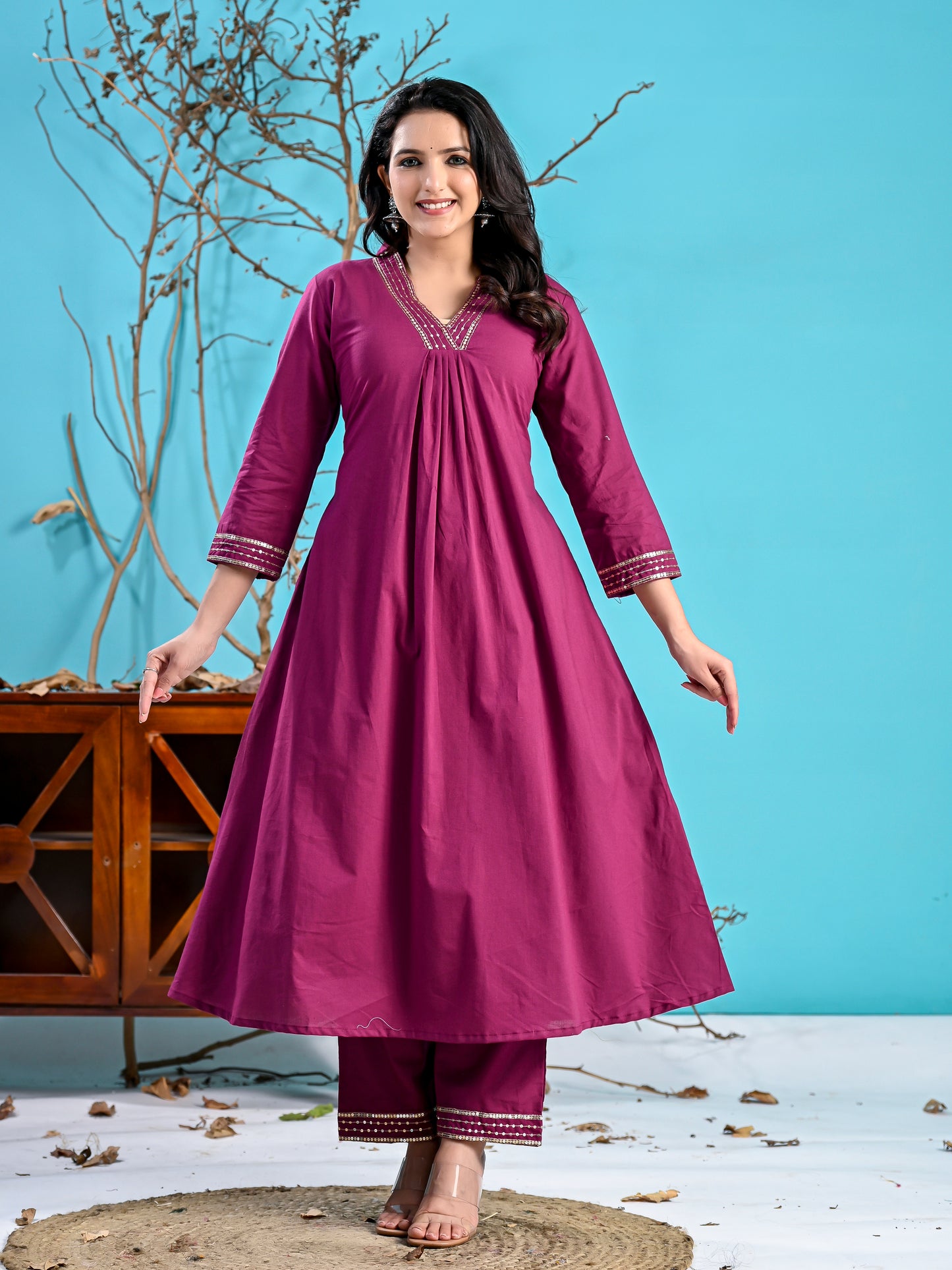 Wine cotton handwork kurta set pc1006