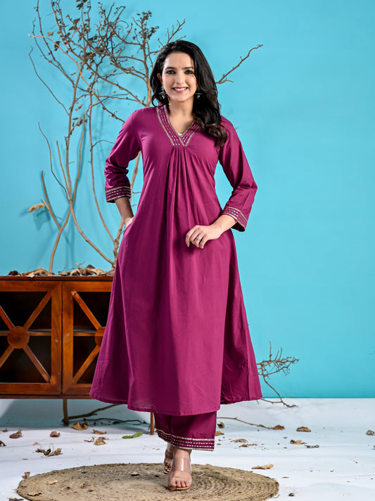 Wine cotton handwork kurta set pc1006