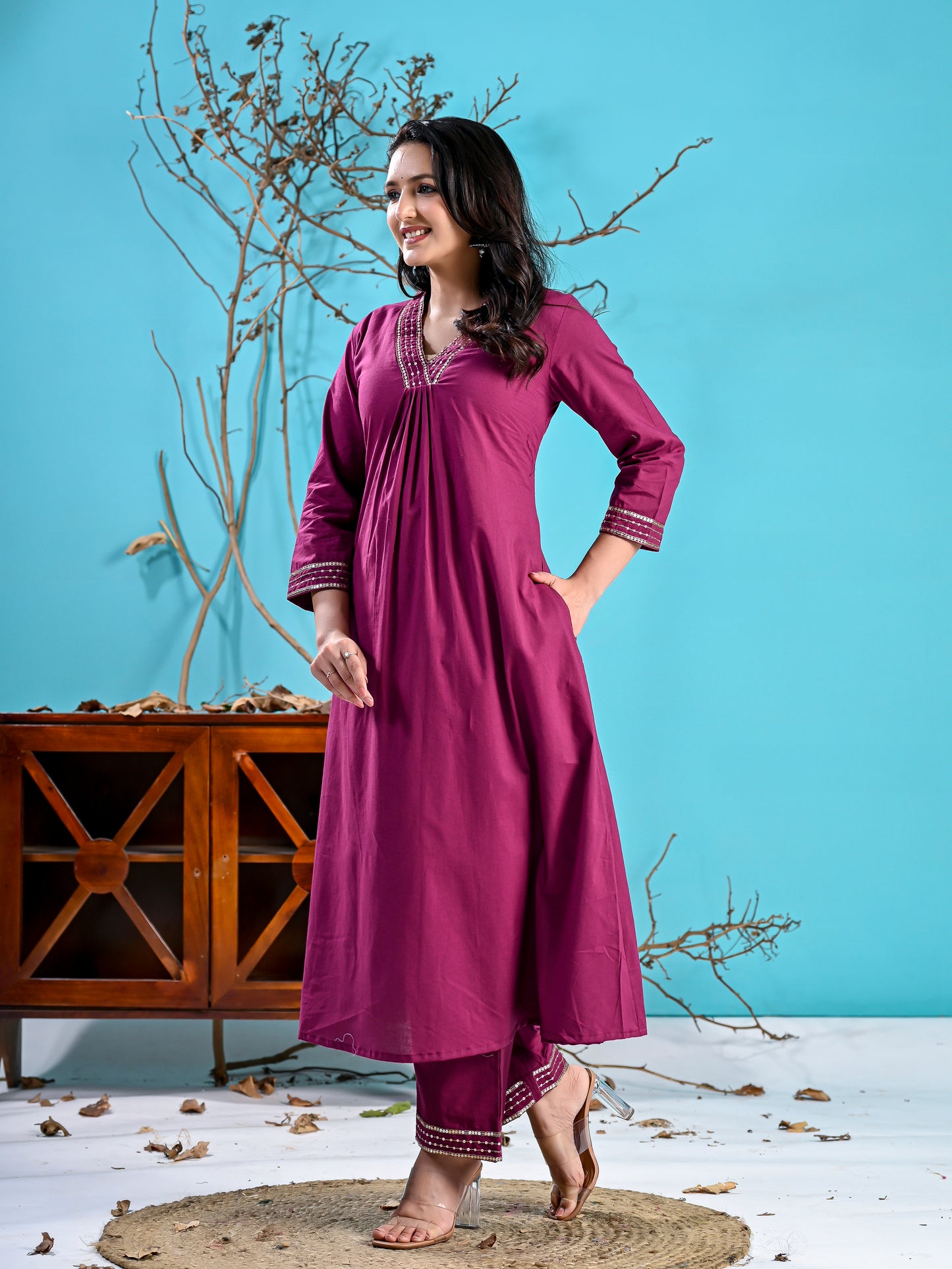 Wine cotton handwork kurta set pc1006