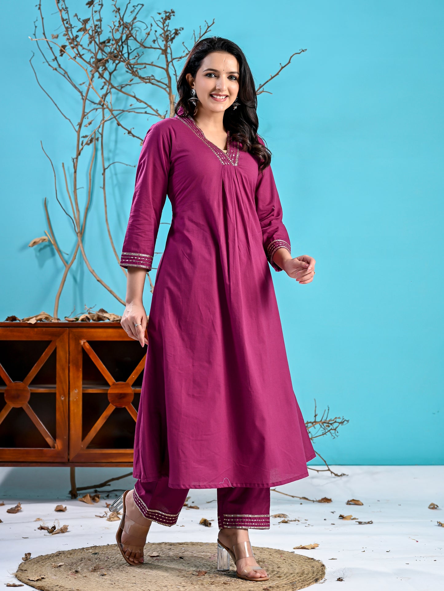 Wine cotton handwork kurta set pc1006