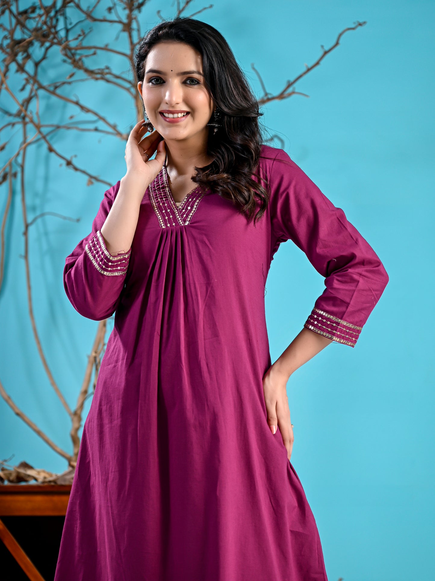 Wine cotton handwork kurta set pc1006