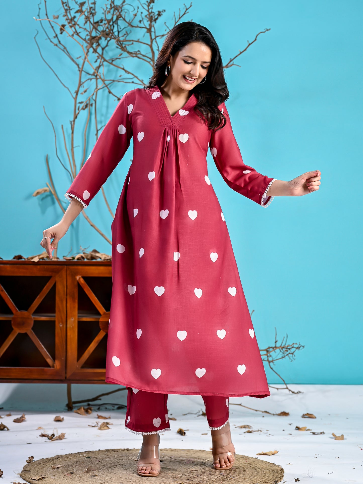 Maroon hearts printed kurta set PC1003