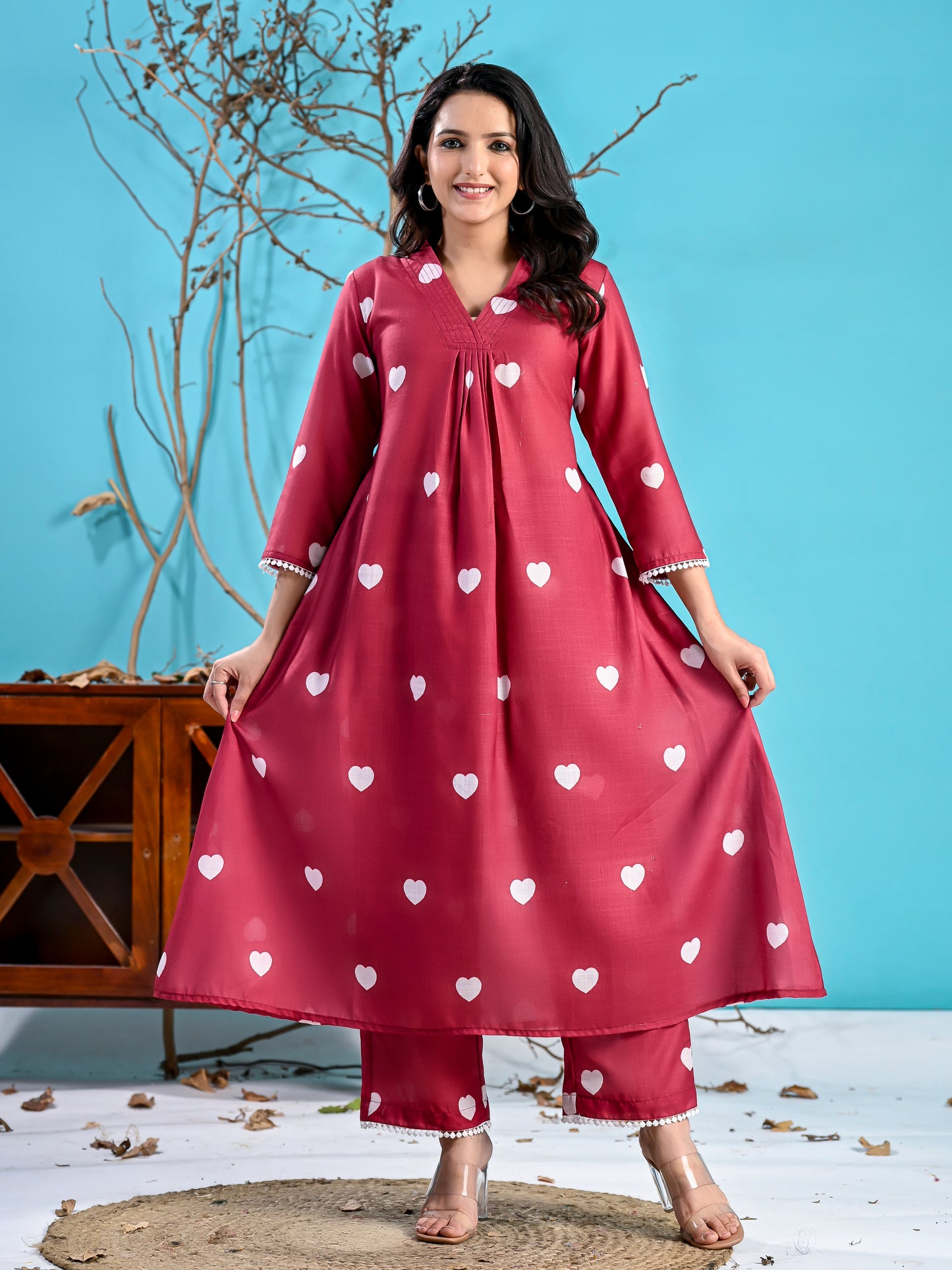 Maroon hearts printed kurta set PC1003