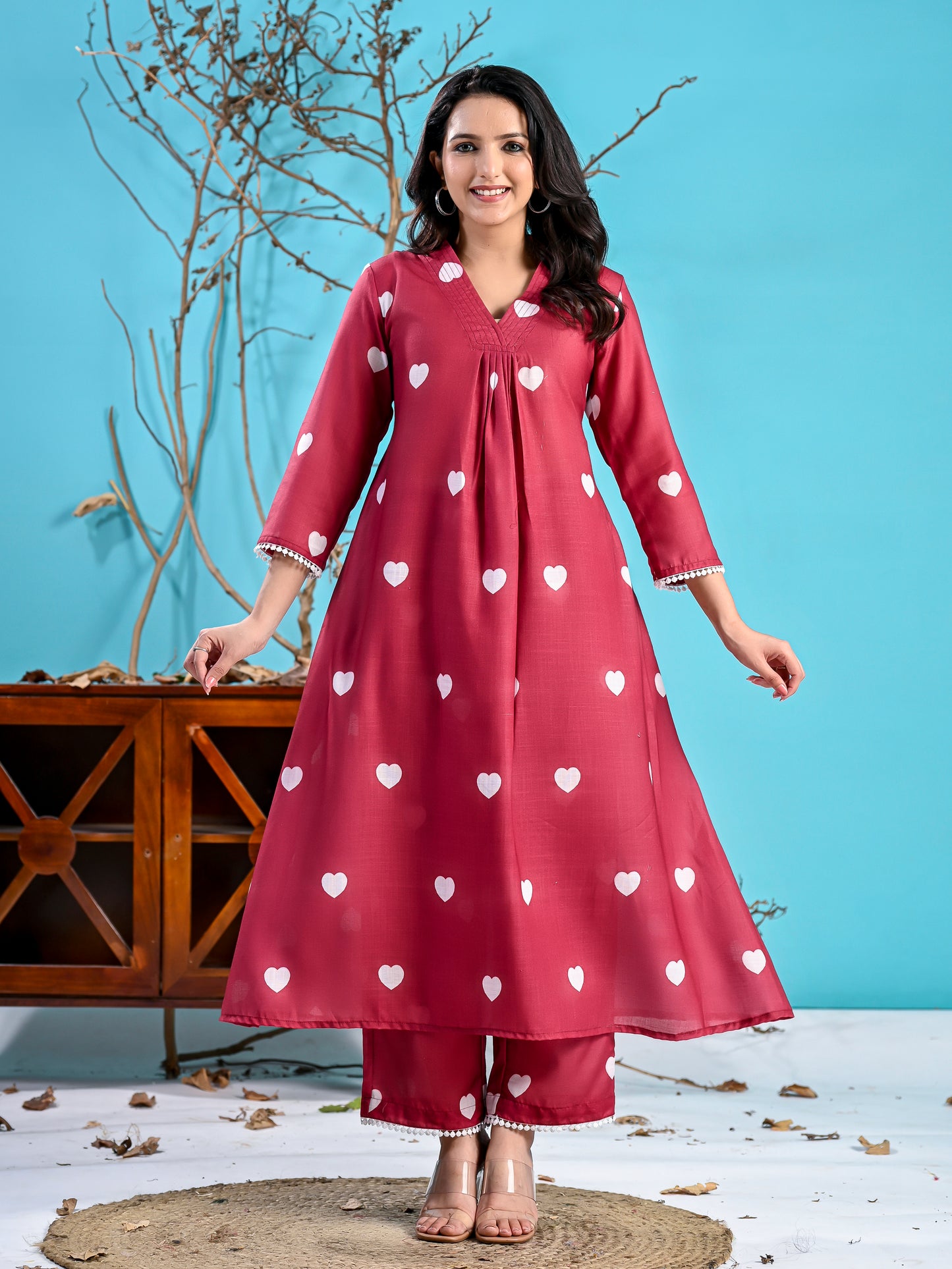 Maroon hearts printed kurta set PC1003