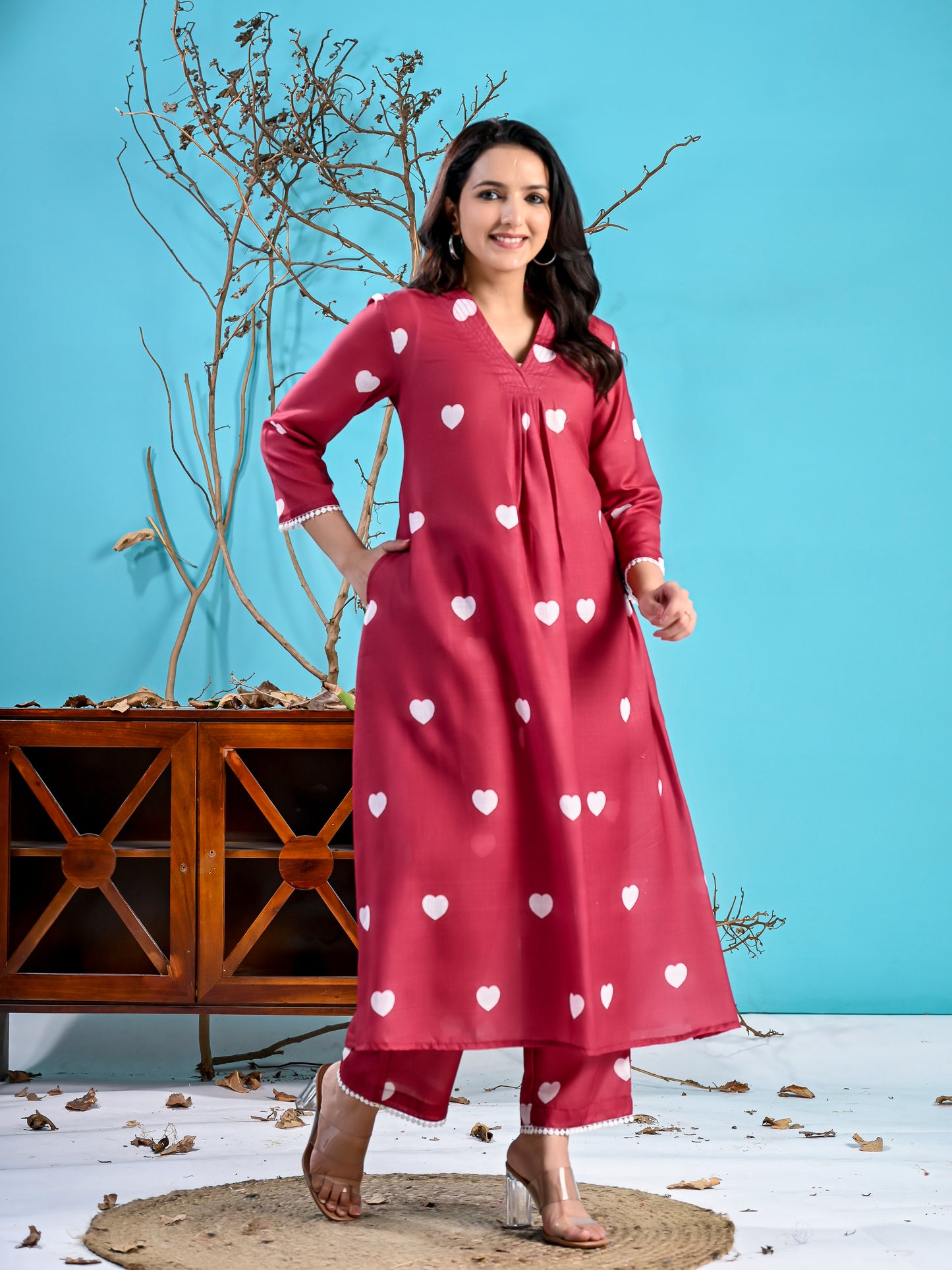 Maroon hearts printed kurta set PC1003