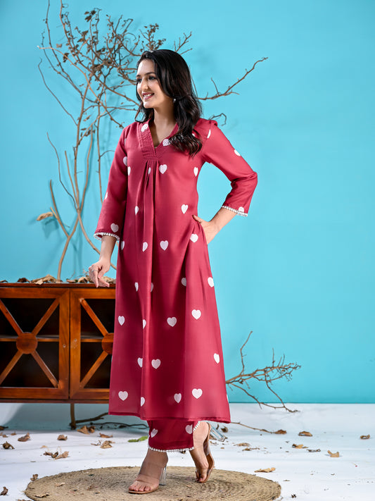 Maroon hearts printed kurta set PC1003