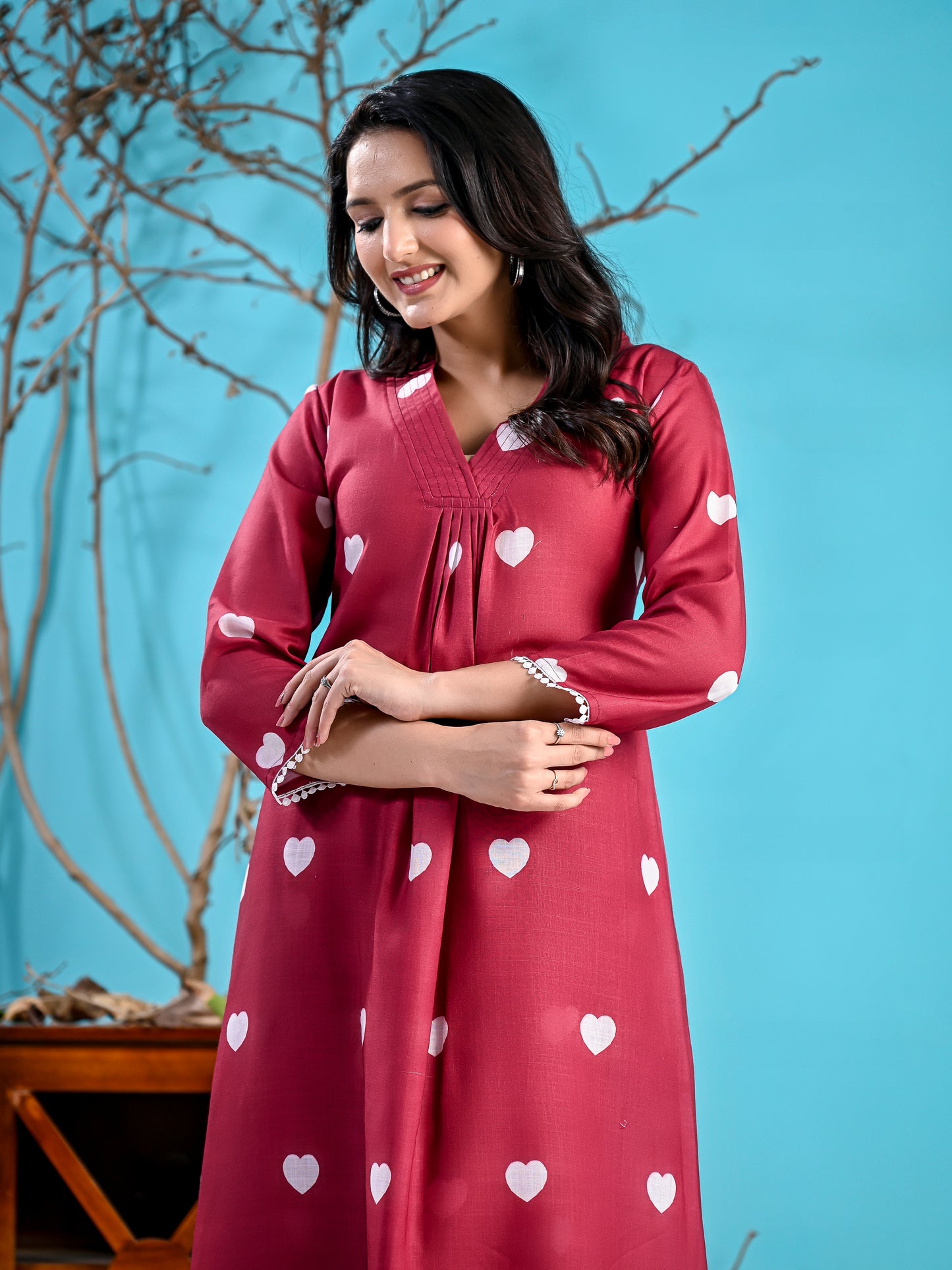 Maroon hearts printed kurta set PC1003