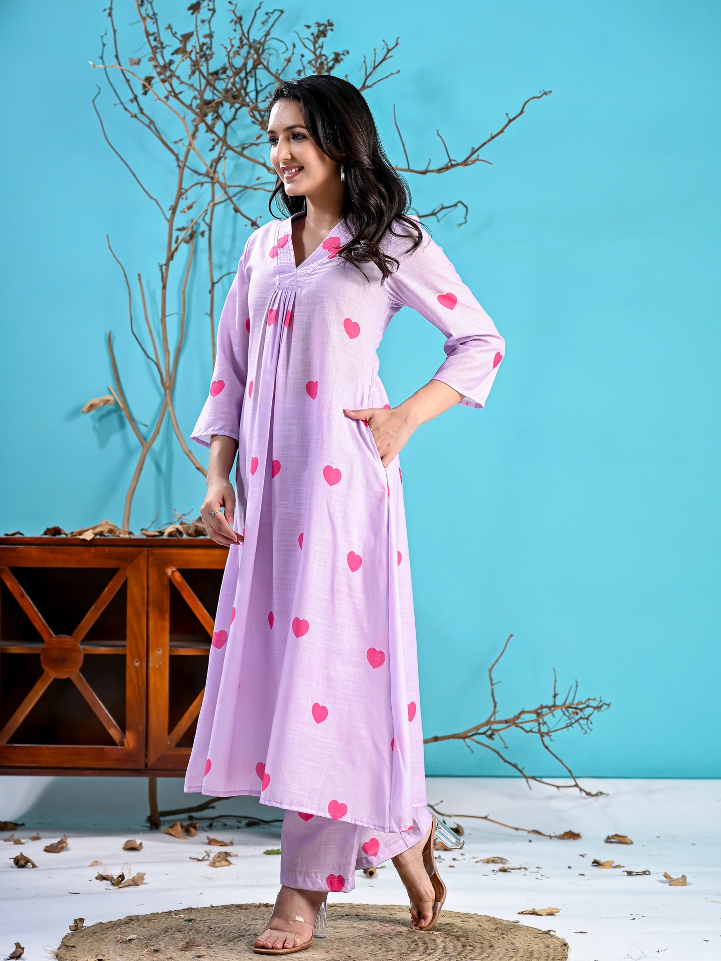 Lavender hearts printed kurta set PC1004