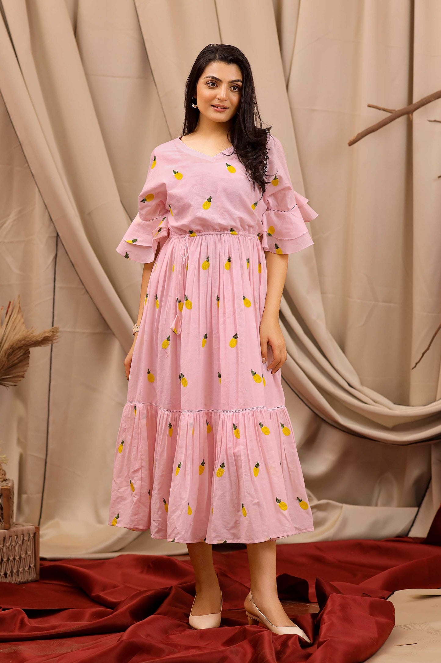 Pineapple Summer Midi Dress in Pastel Pink PC813