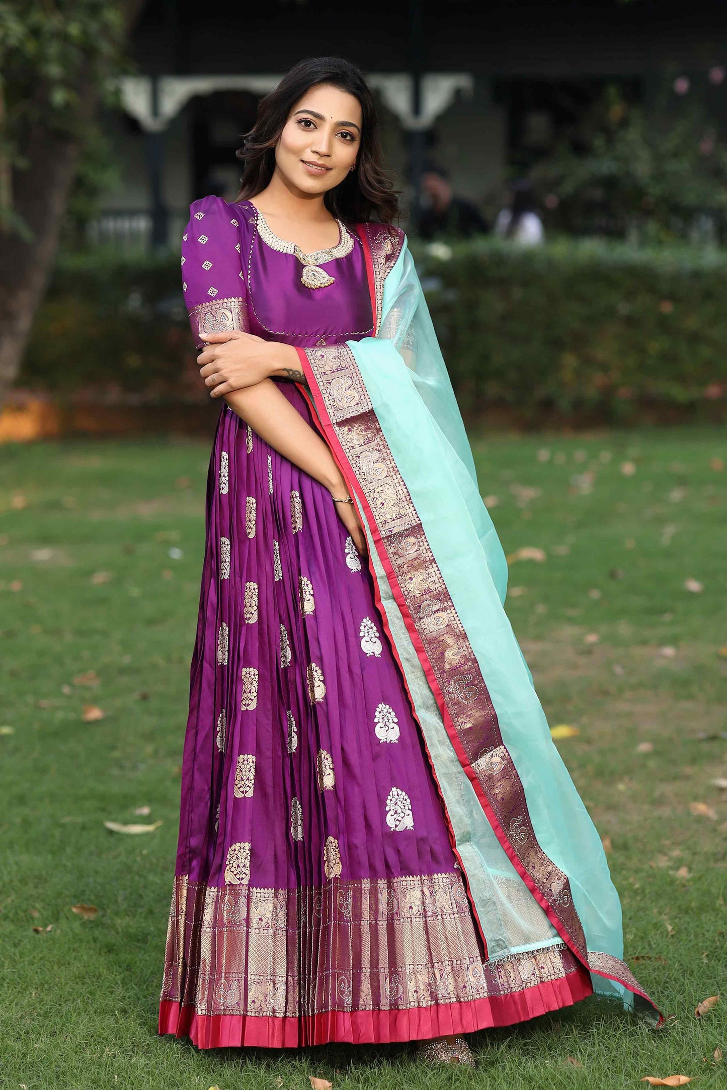 Prisha Purple Kanchi Border Pattu Anarkali Dress PC761N