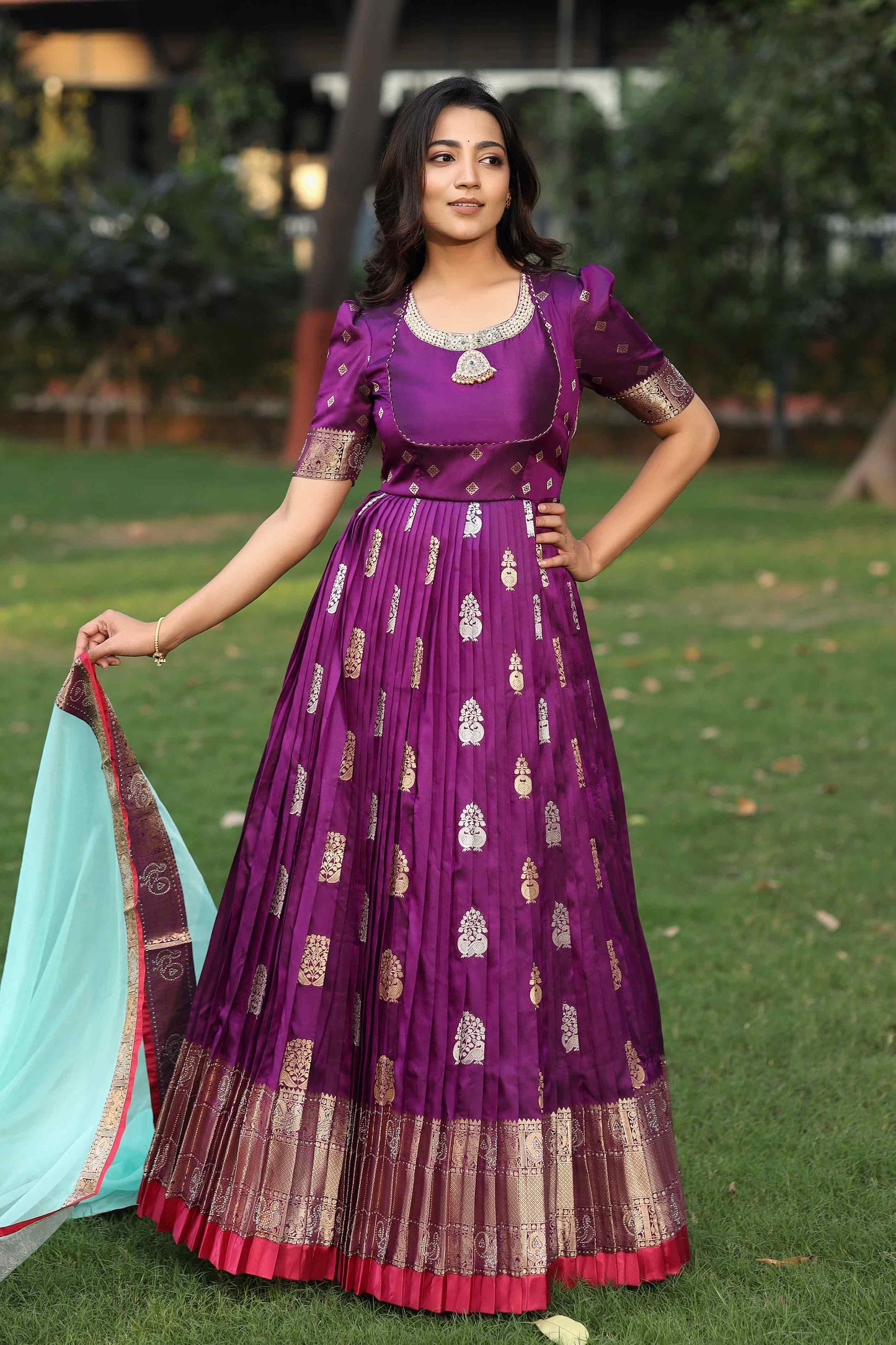 Prisha Purple Kanchi Border Pattu Anarkali Dress PC761N