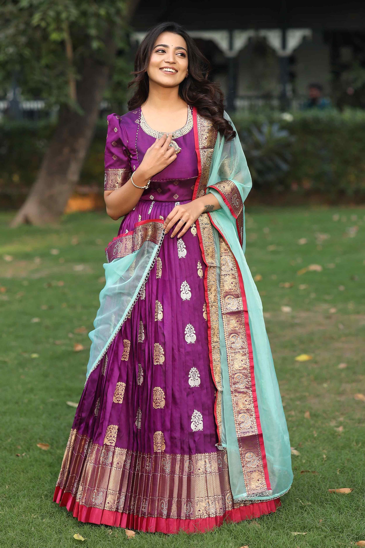 Prisha Purple Kanchi Border Pattu Anarkali Dress PC761N