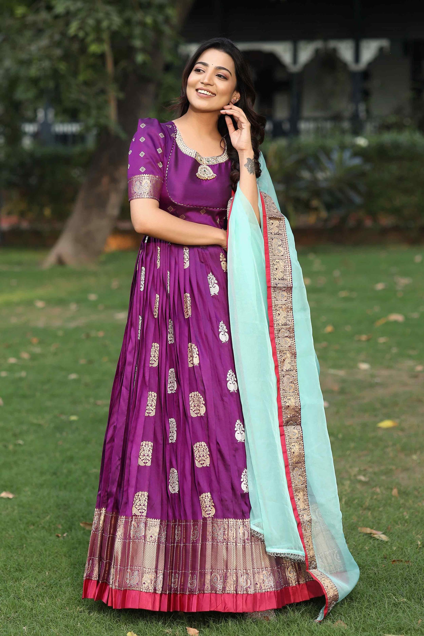 Prisha Purple Kanchi Border Pattu Anarkali Dress PC761N